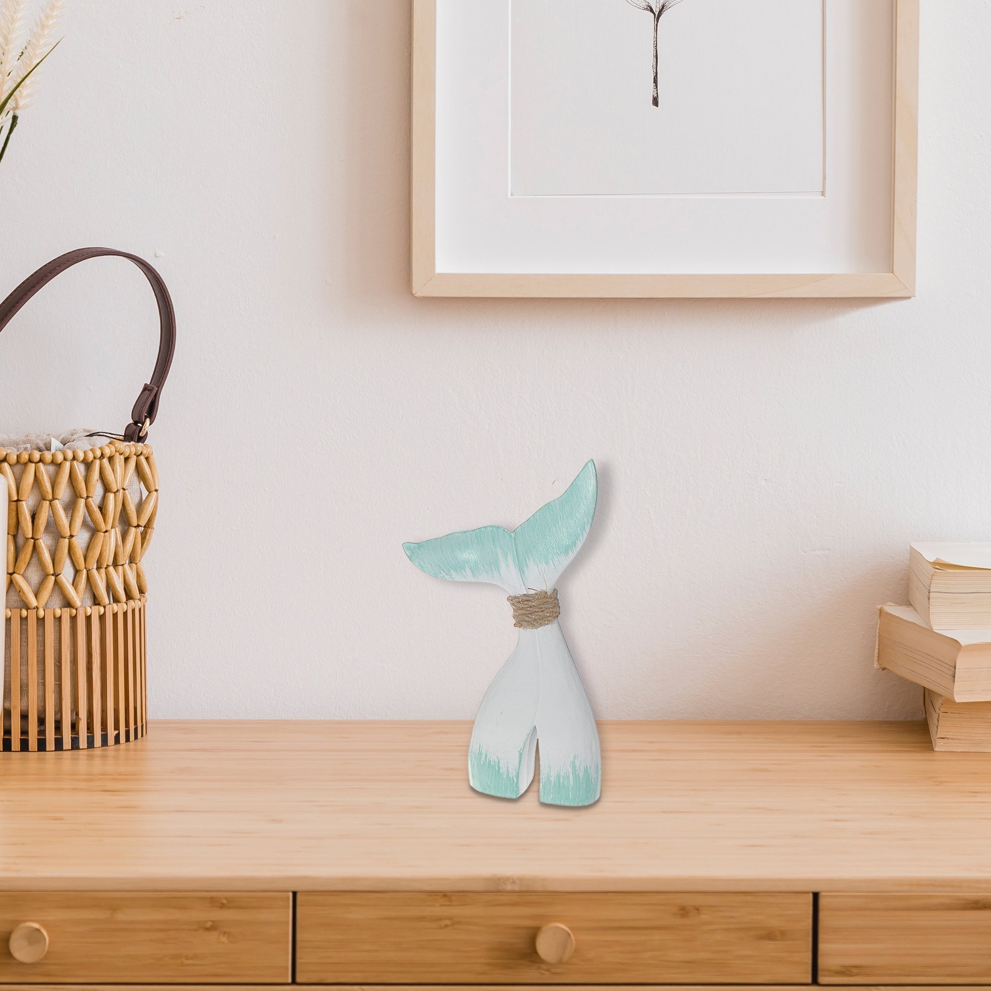 Small White and Turquoise Wooden Whale Tail Decorative Accent, Coastal Home Decor, Nautical Table or Wall Accent