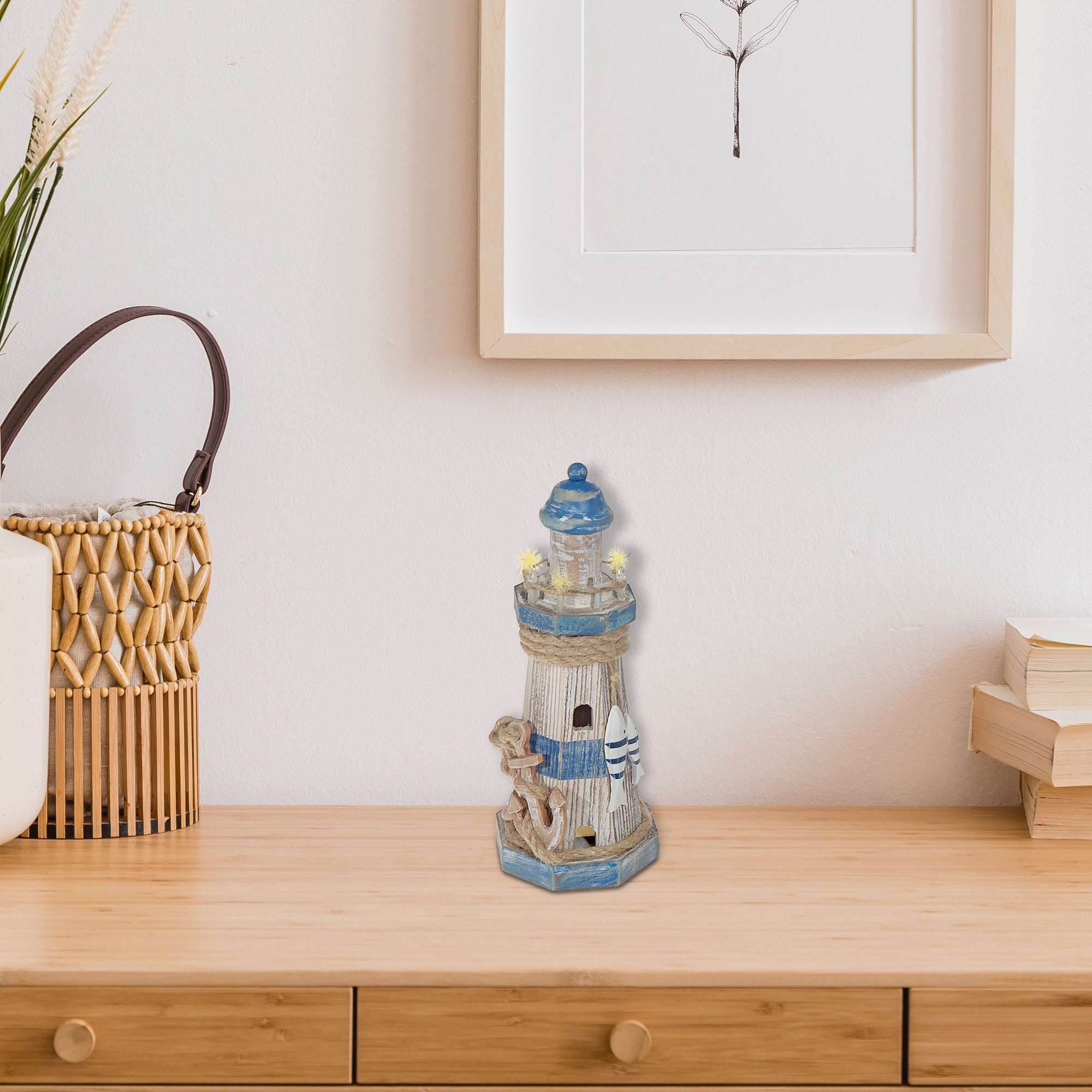 Wooden LED Lighthouse with Anchor – Coastal Holiday Decoration, Nautical Tabletop Decoration, Rustic LED Accent