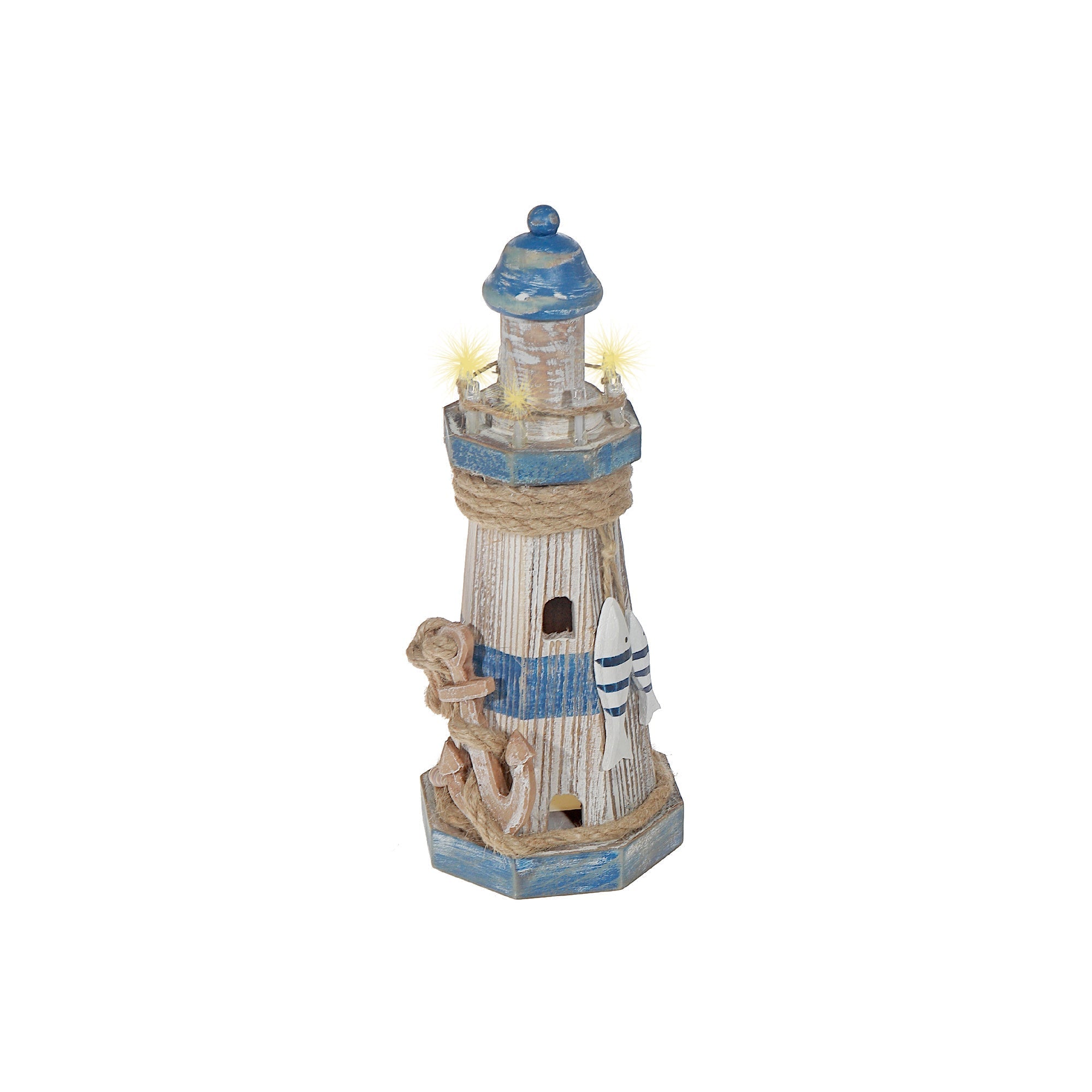 Wooden LED Lighthouse with Anchor – Coastal Holiday Decoration, Nautical Tabletop Decoration, Rustic LED Accent