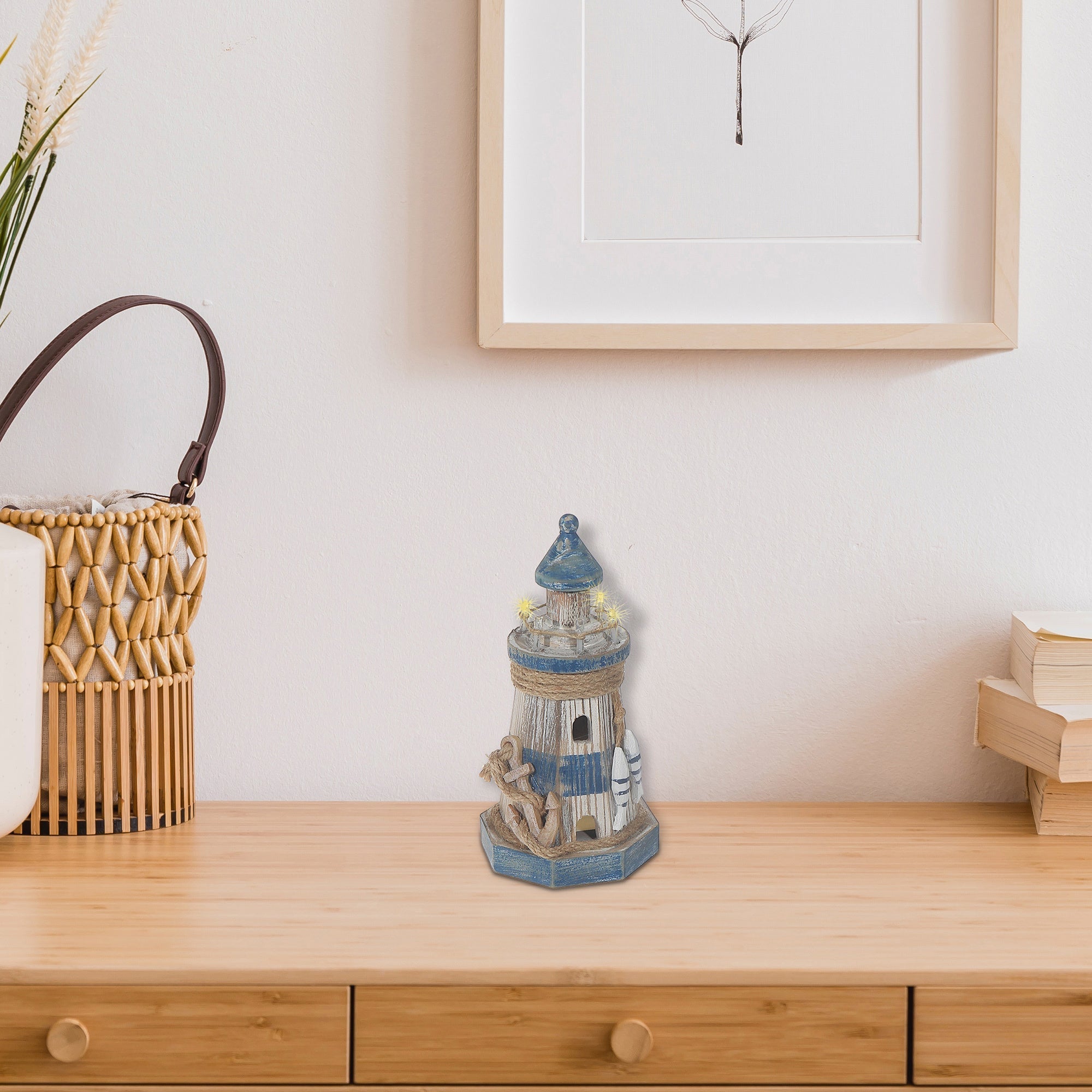Wooden LED Lighthouse with Anchor – Coastal Holiday Decoration, Nautical Tabletop Decoration, Rustic LED Accent