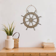 Wooden Hanging Ship Wheel Decorative Accent with Rope, Nautical Wall Decor, Coastal Home Decoration, Holiday Accent