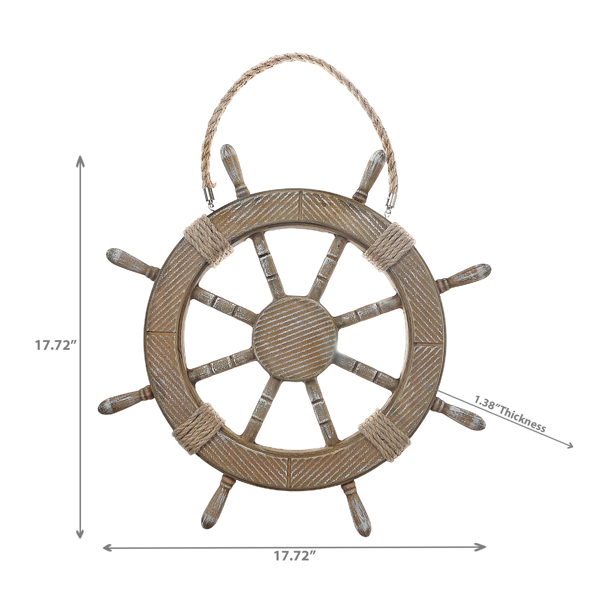 Wooden Hanging Ship Wheel Decorative Accent with Rope, Nautical Wall Decor, Coastal Home Decoration, Holiday Accent