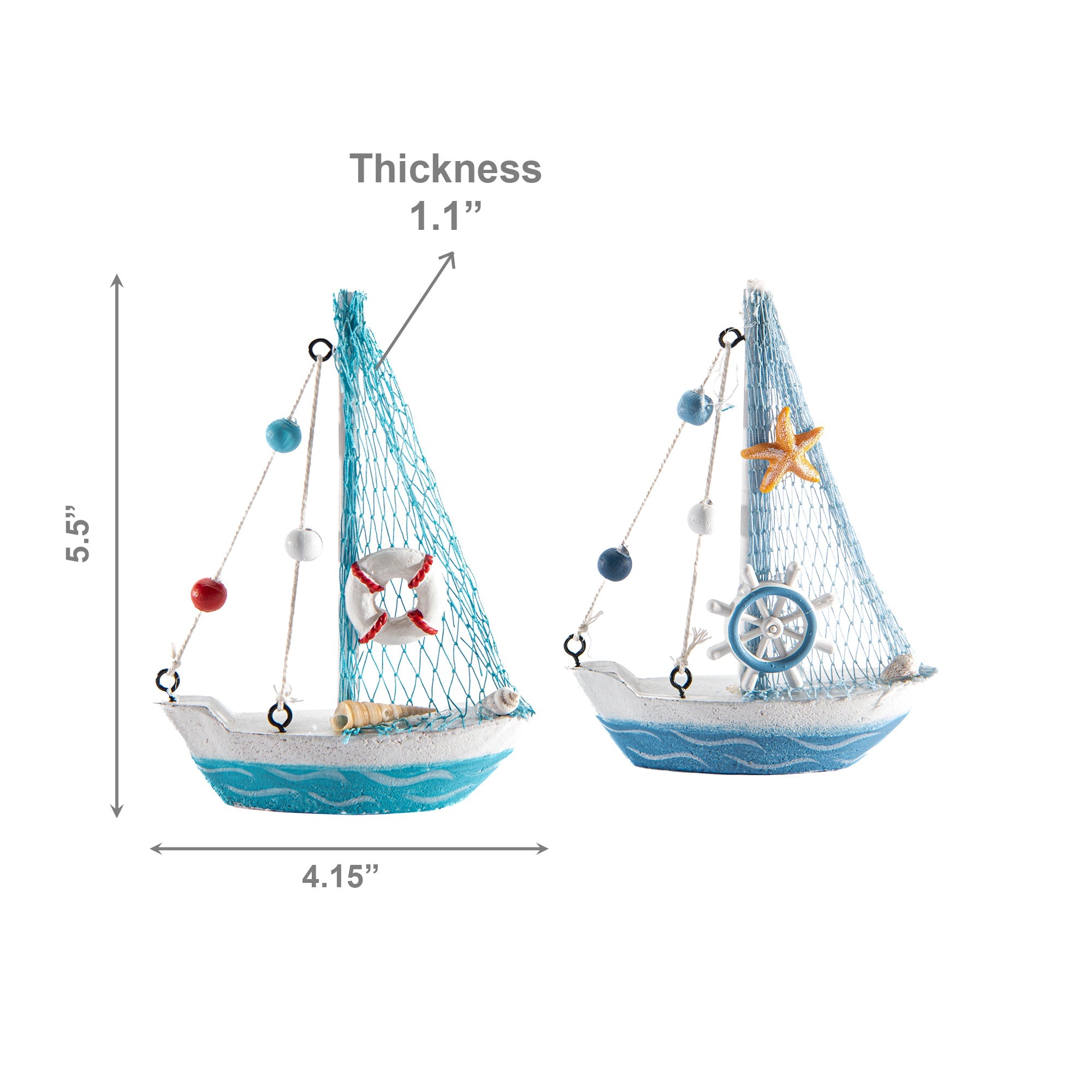Assorted Blue Coastal Style Wooden Sailboat Figurines - Set of 2