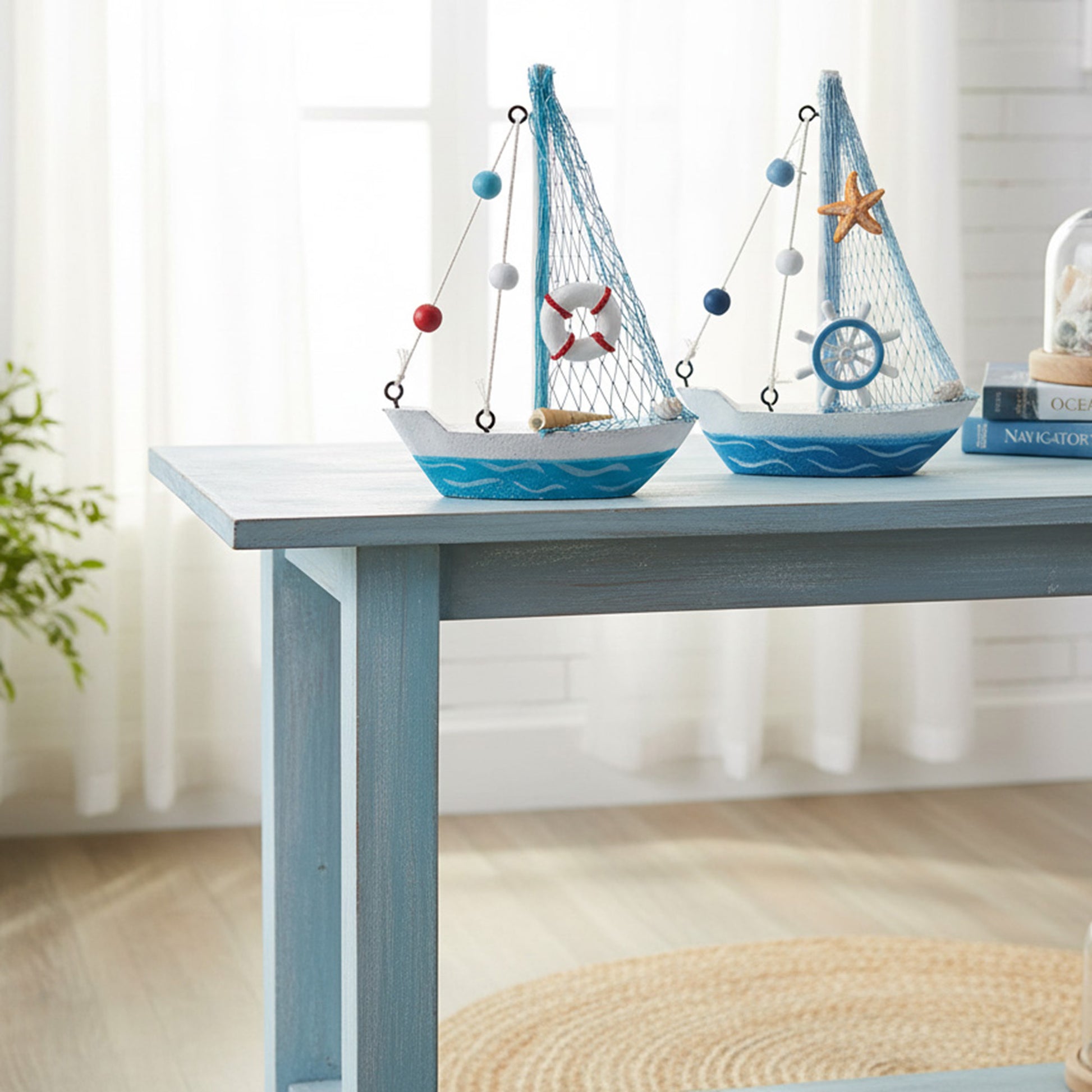 Assorted Blue Coastal Style Wooden Sailboat Figurines - Set of 2