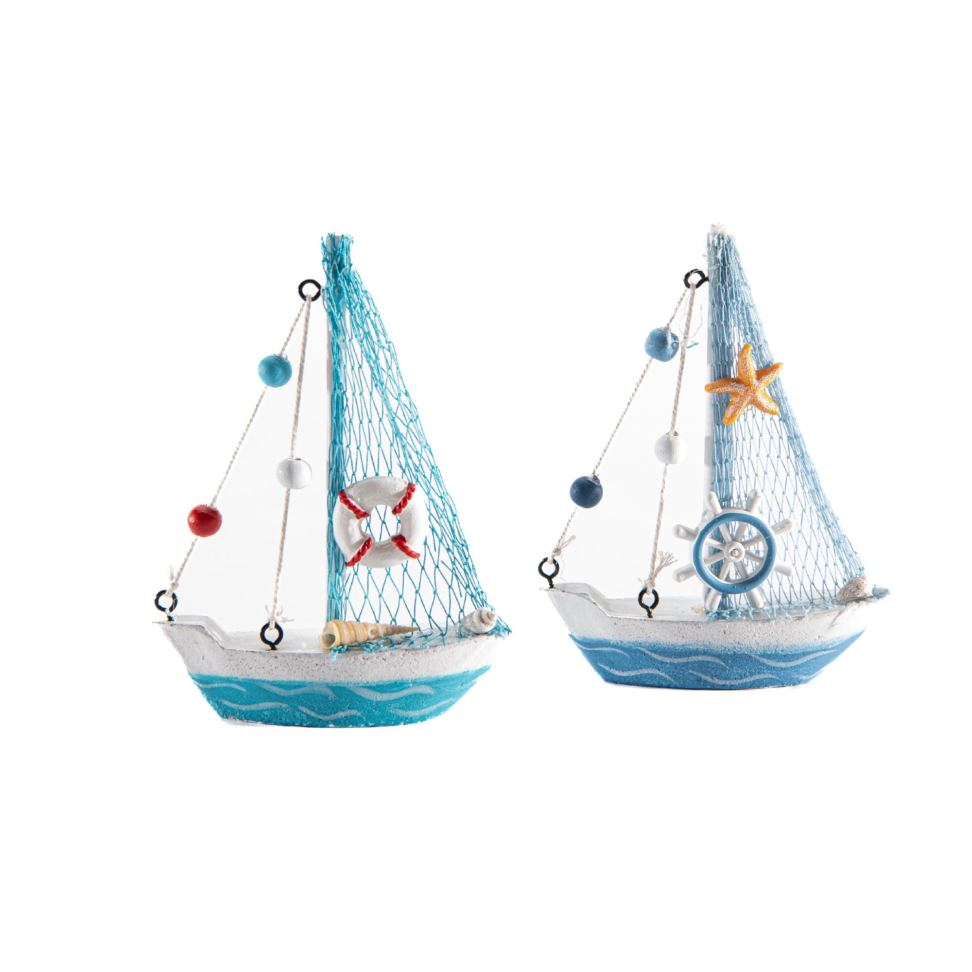 Assorted Blue Coastal Style Wooden Sailboat Figurines - Set of 2