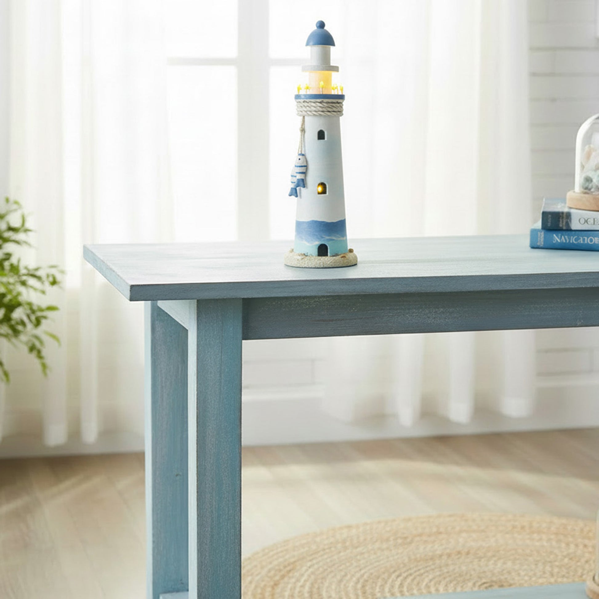 14.75" Blue Coastal Wooden Lighthouse with LED Light Feature