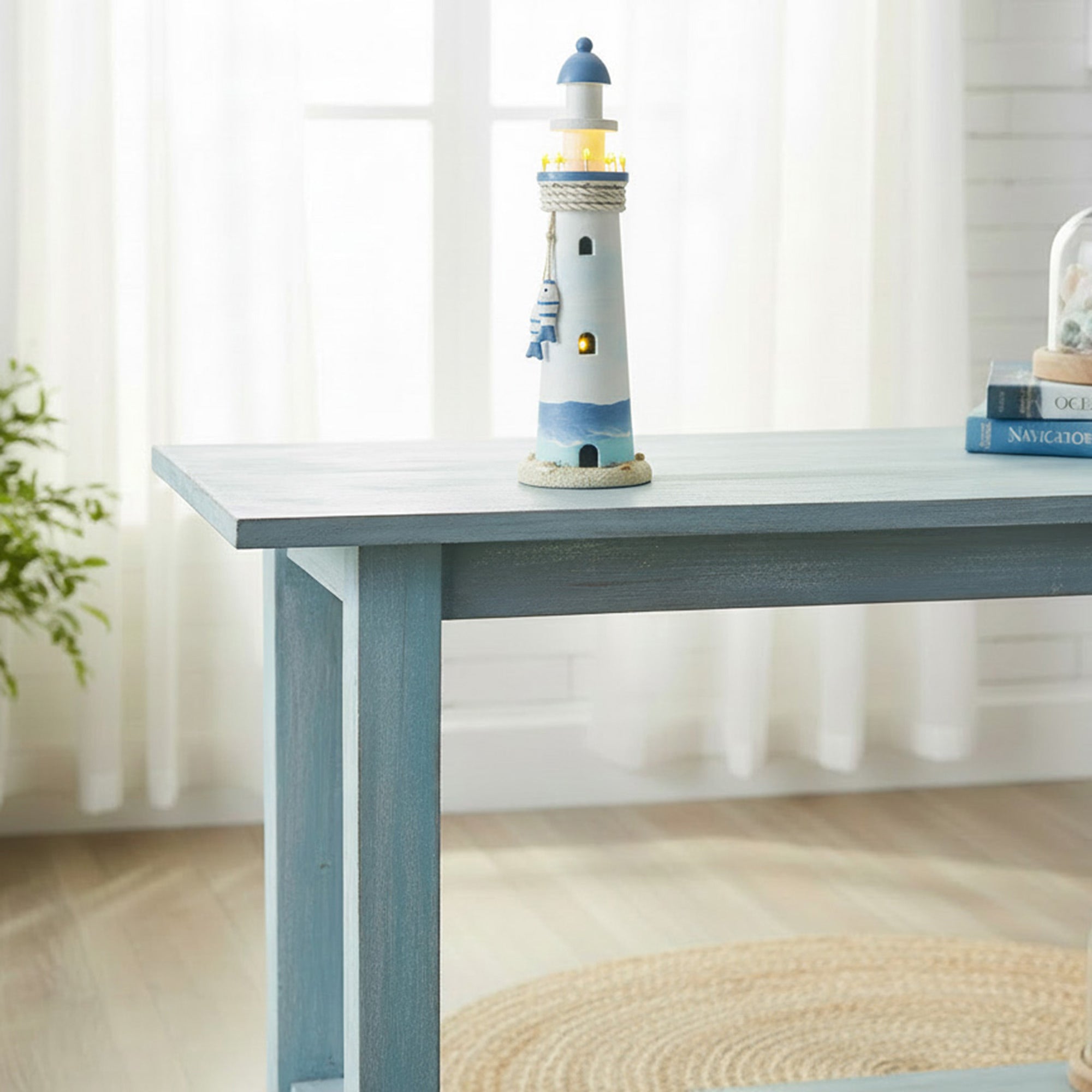 14.75" Blue Coastal Wooden Lighthouse with LED Light Feature