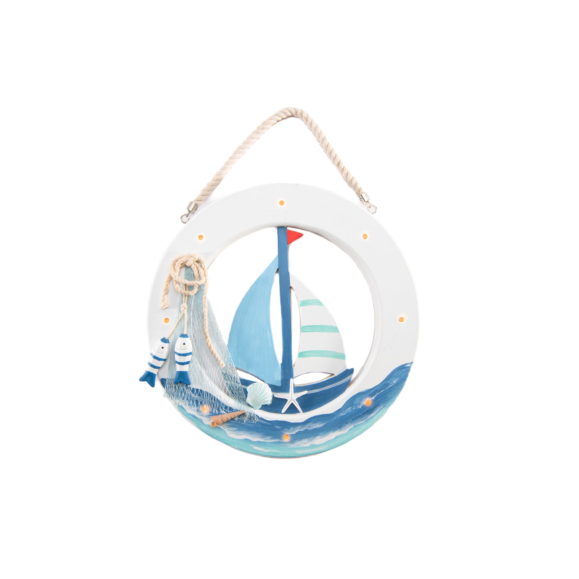 Blue Coastal Wooden Buoy Décor with LED Lighting