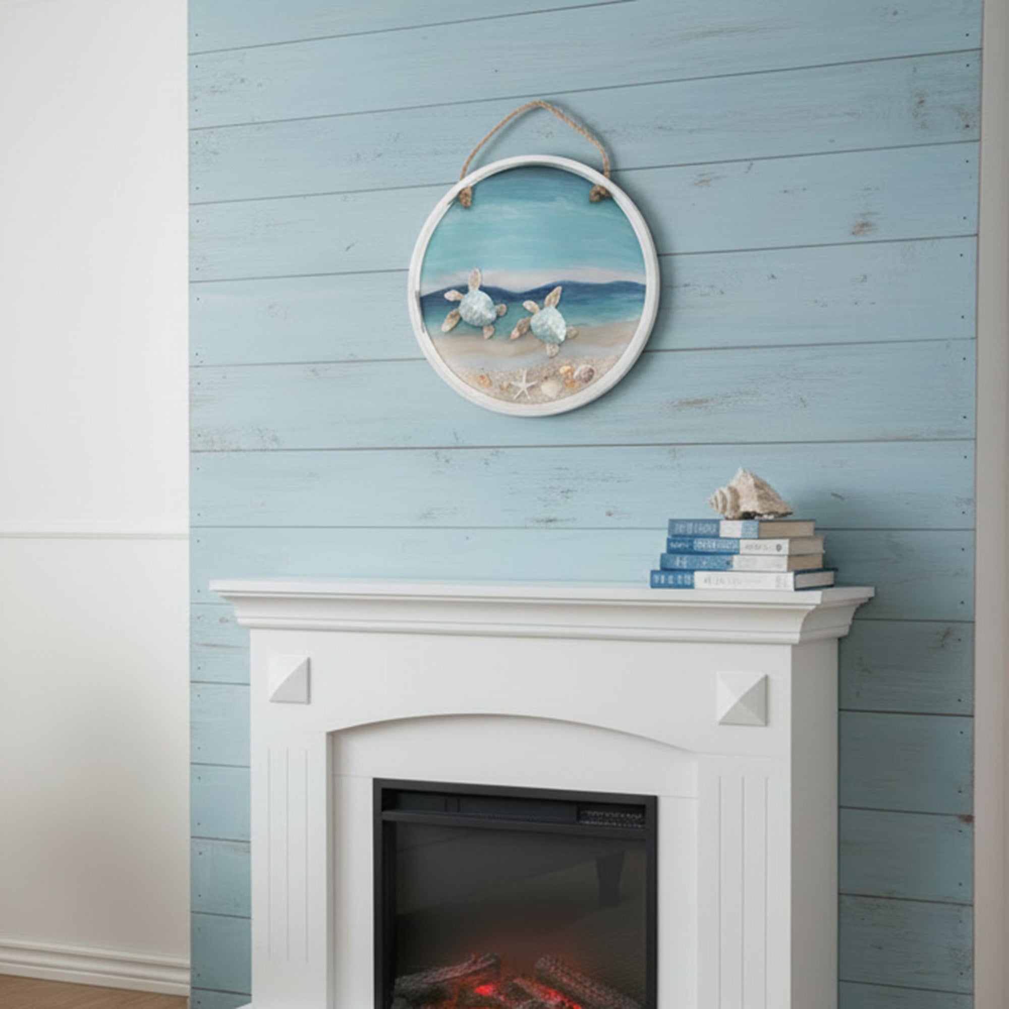 Blue Coastal Round Shadow Box Featuring Turtle Motif