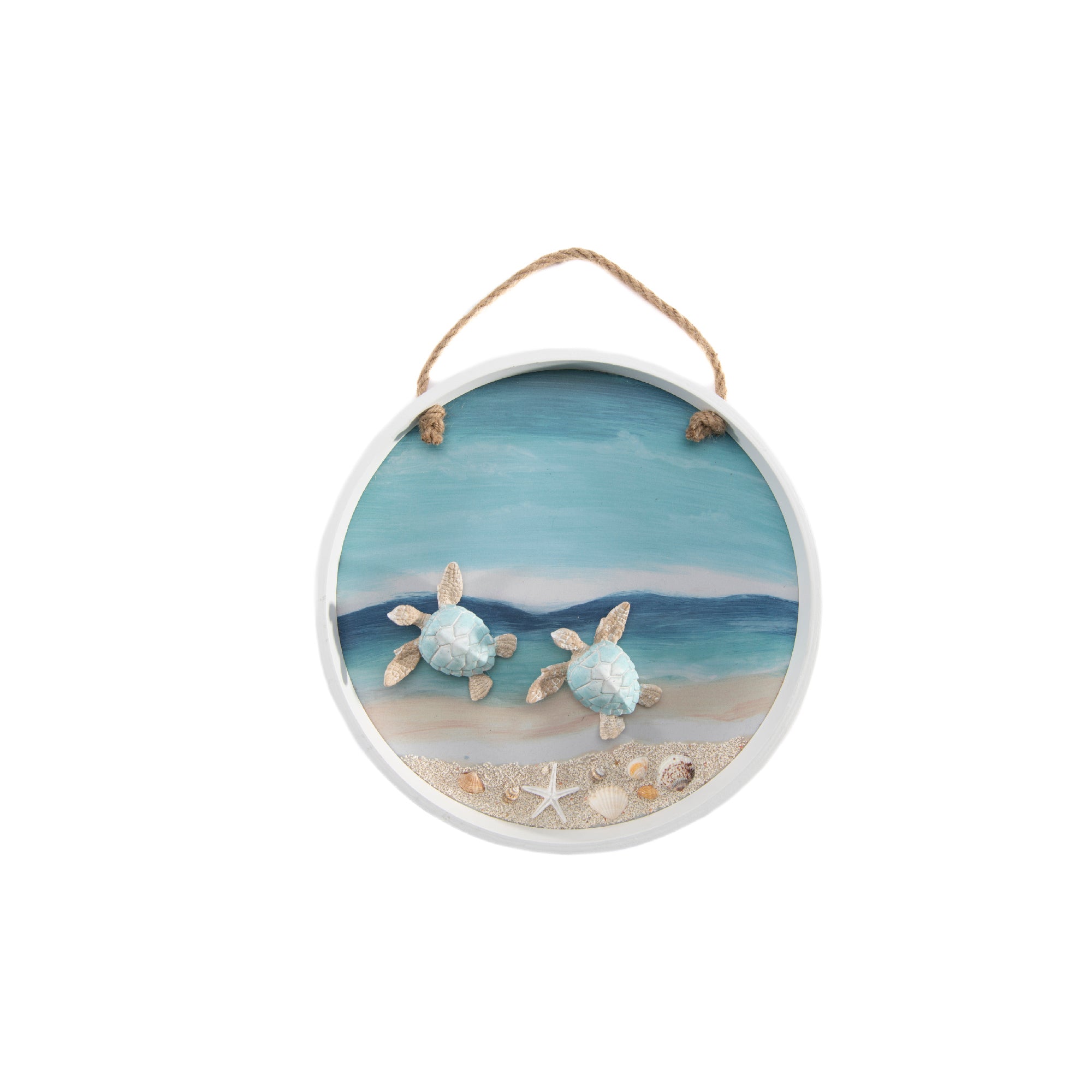 Blue Coastal Round Shadow Box Featuring Turtle Motif