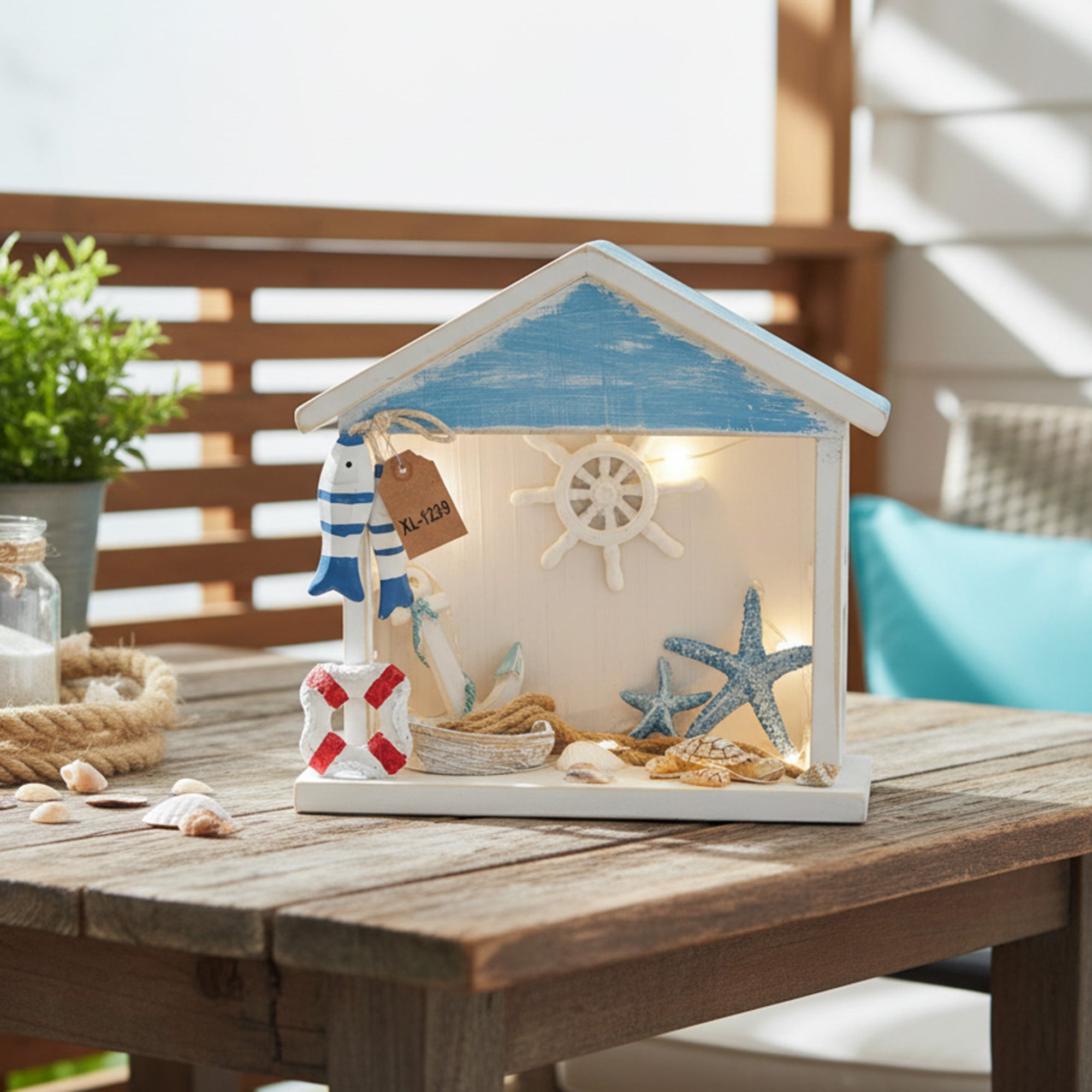Blue Coastal Wooden Porch Décor with LED Lighting