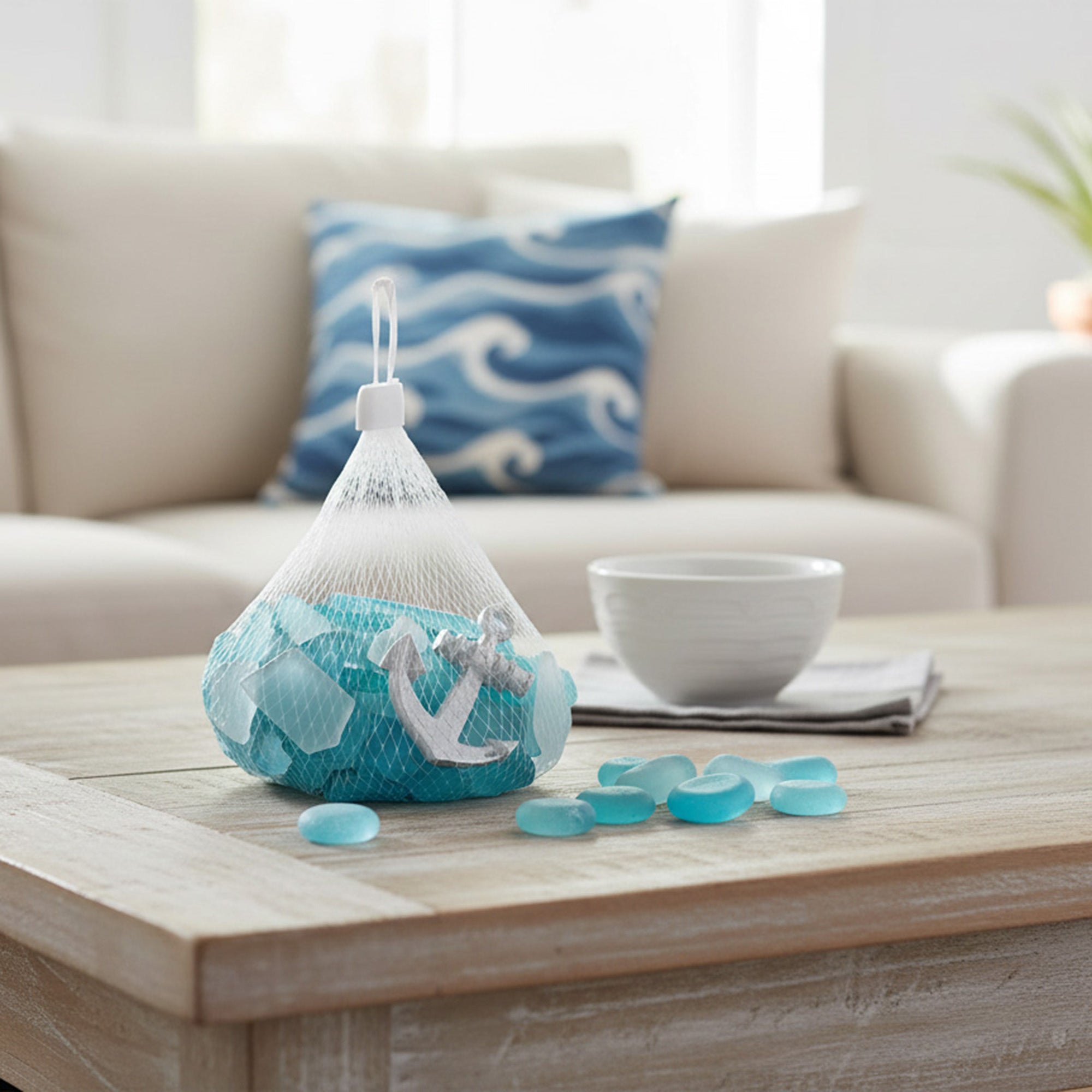 Blue Coastal Decorative Glass Pebbles Packaged in Net Bag - Set of 2