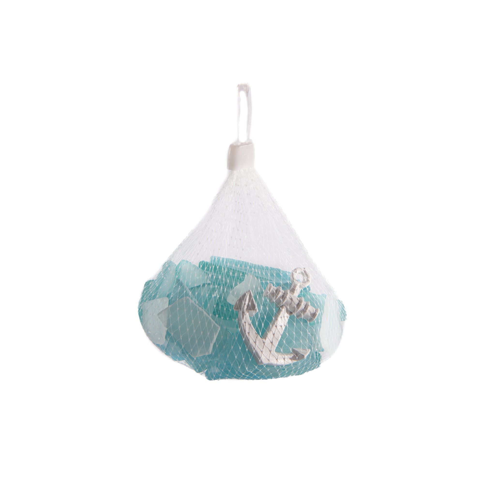 Blue Coastal Decorative Glass Pebbles Packaged in Net Bag - Set of 2