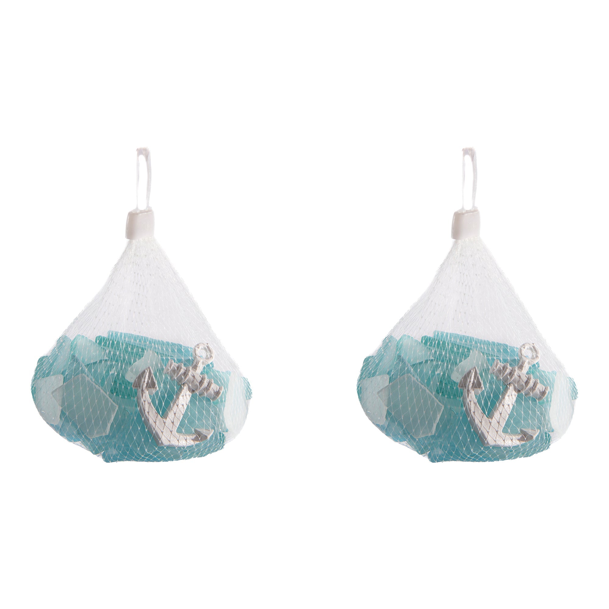 Blue Coastal Decorative Glass Pebbles Packaged in Net Bag - Set of 2