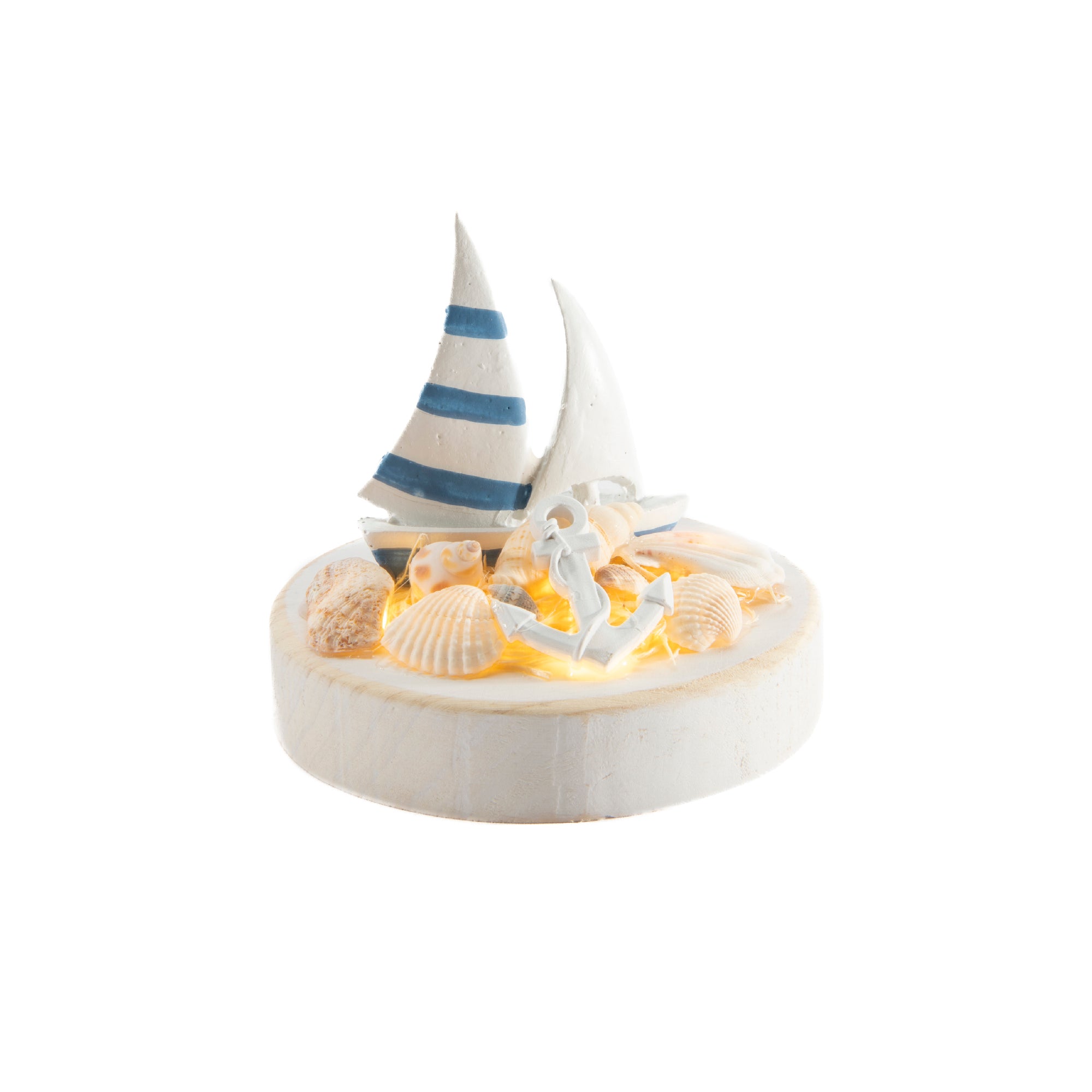 Blue Coastal LED Sailboat and Anchor Décor on Round Pedestal