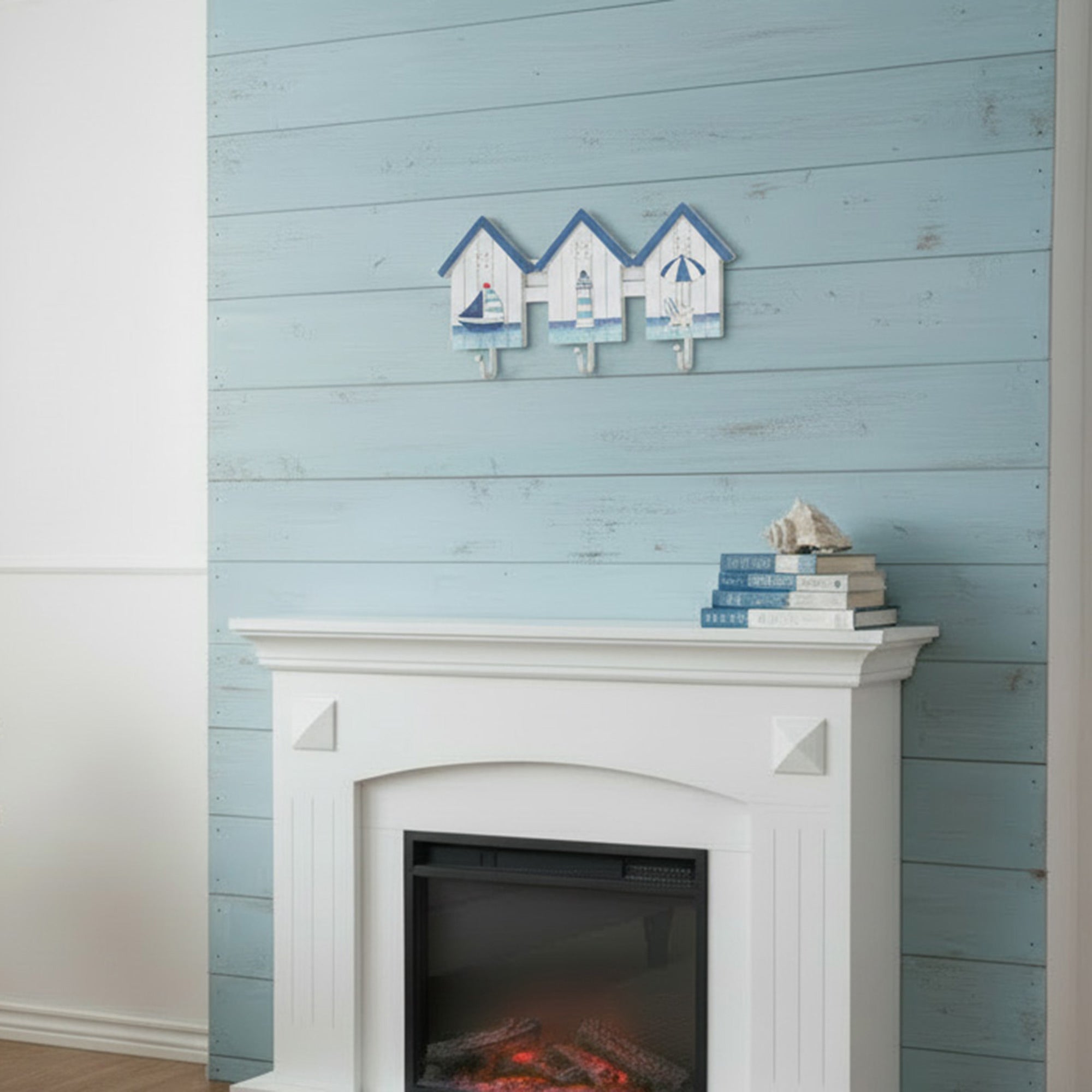 Blue Coastal Wooden Wall Hook with Triple House Design
