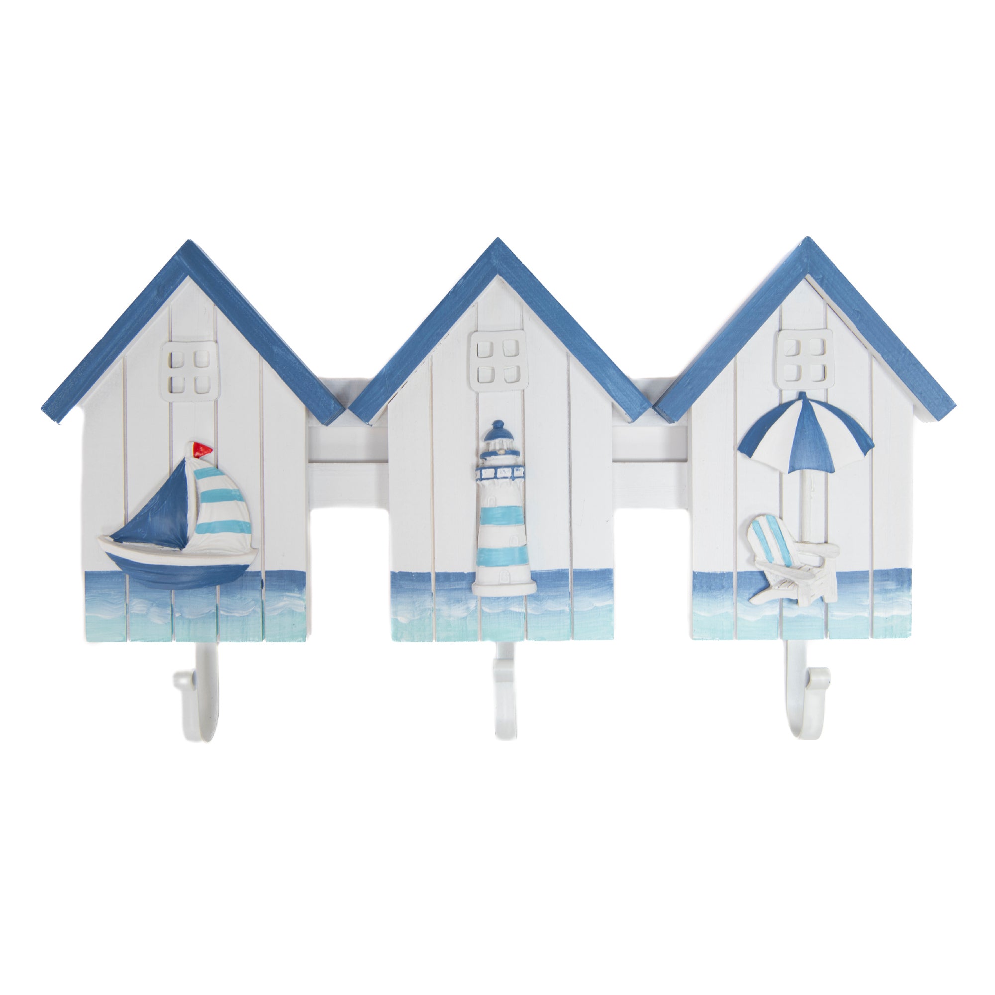 Blue Coastal Wooden Wall Hook with Triple House Design