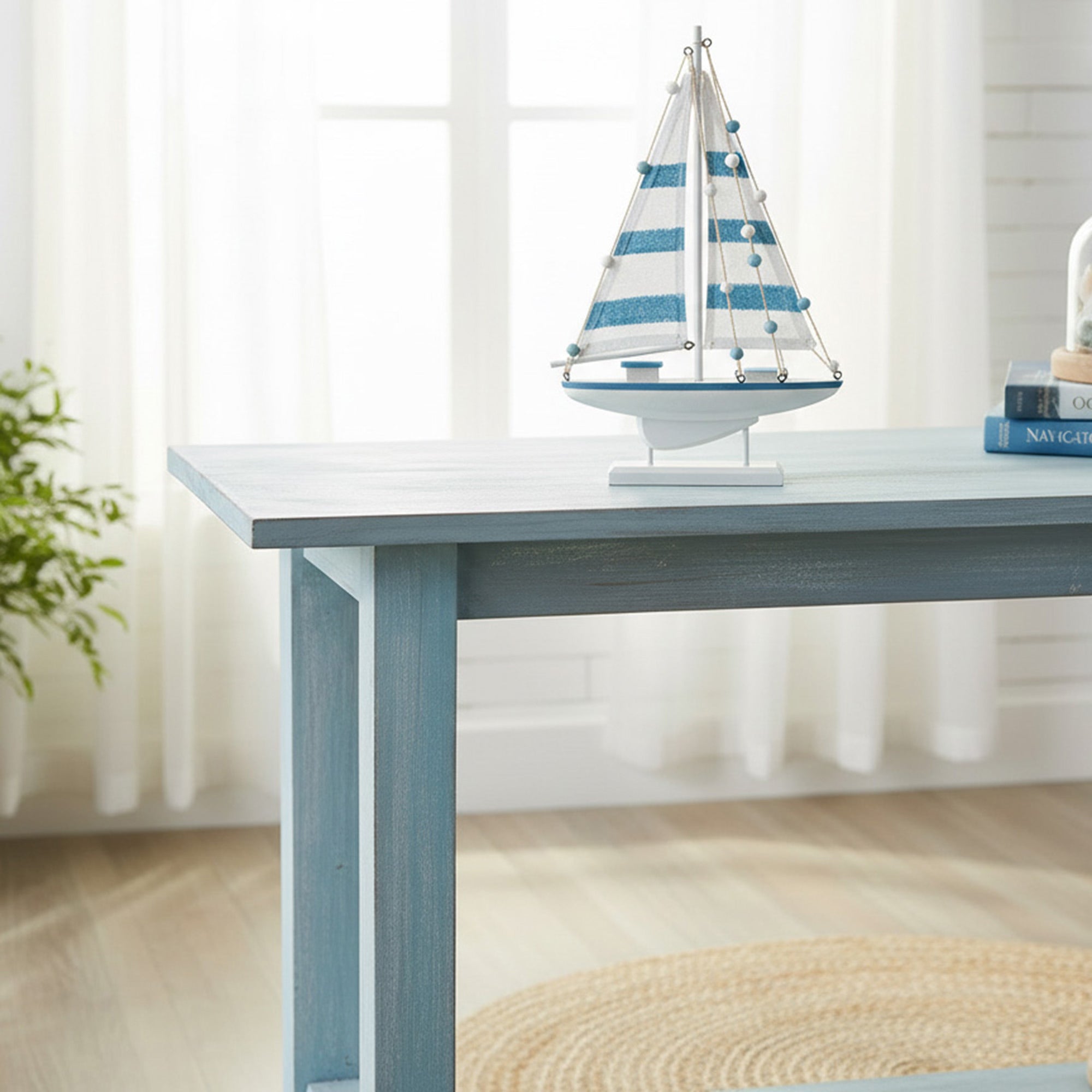 18.7" Blue Coastal Wooden Sailboat Decorative Figurine