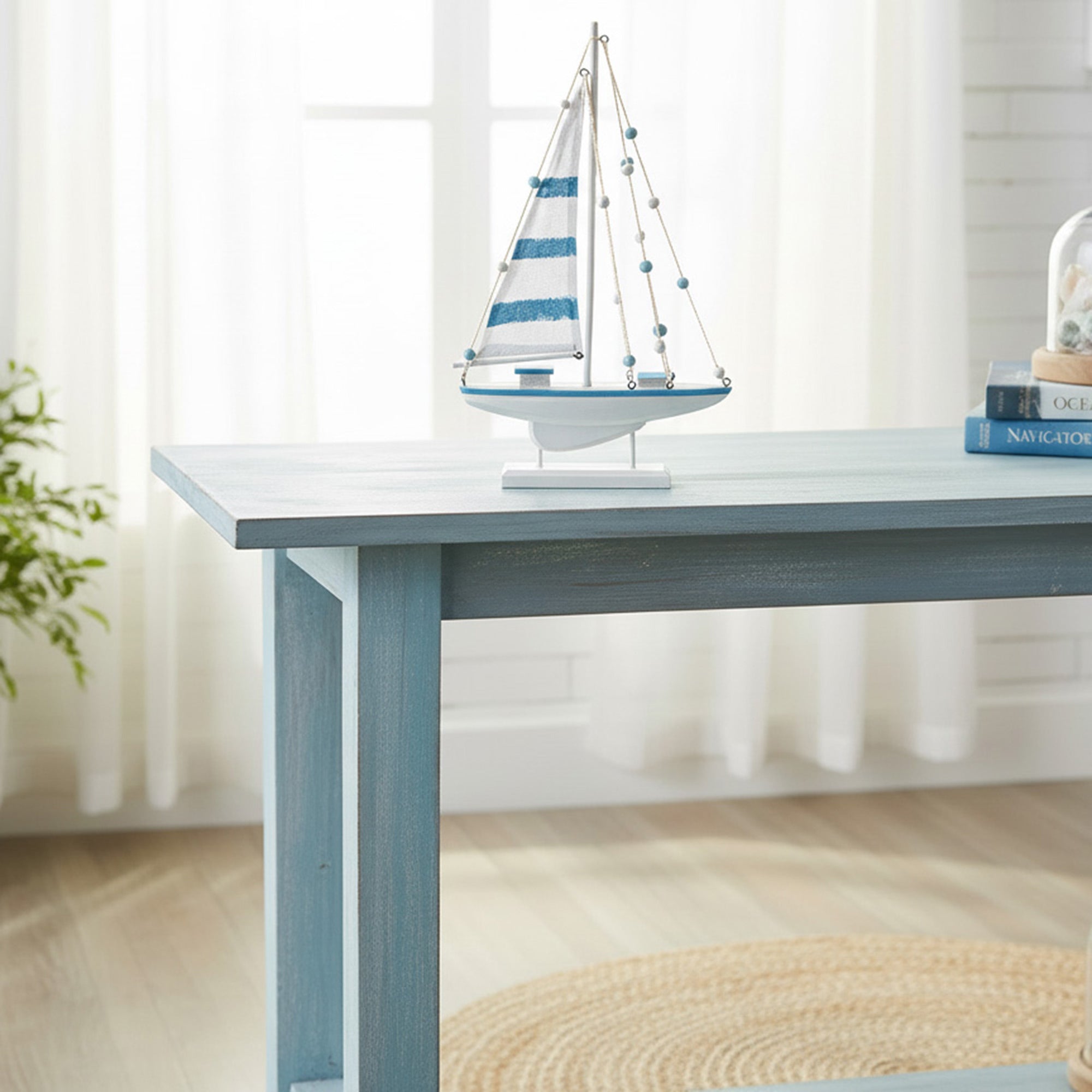 14.6" Blue Coastal Wooden Sailboat Decorative Figurine