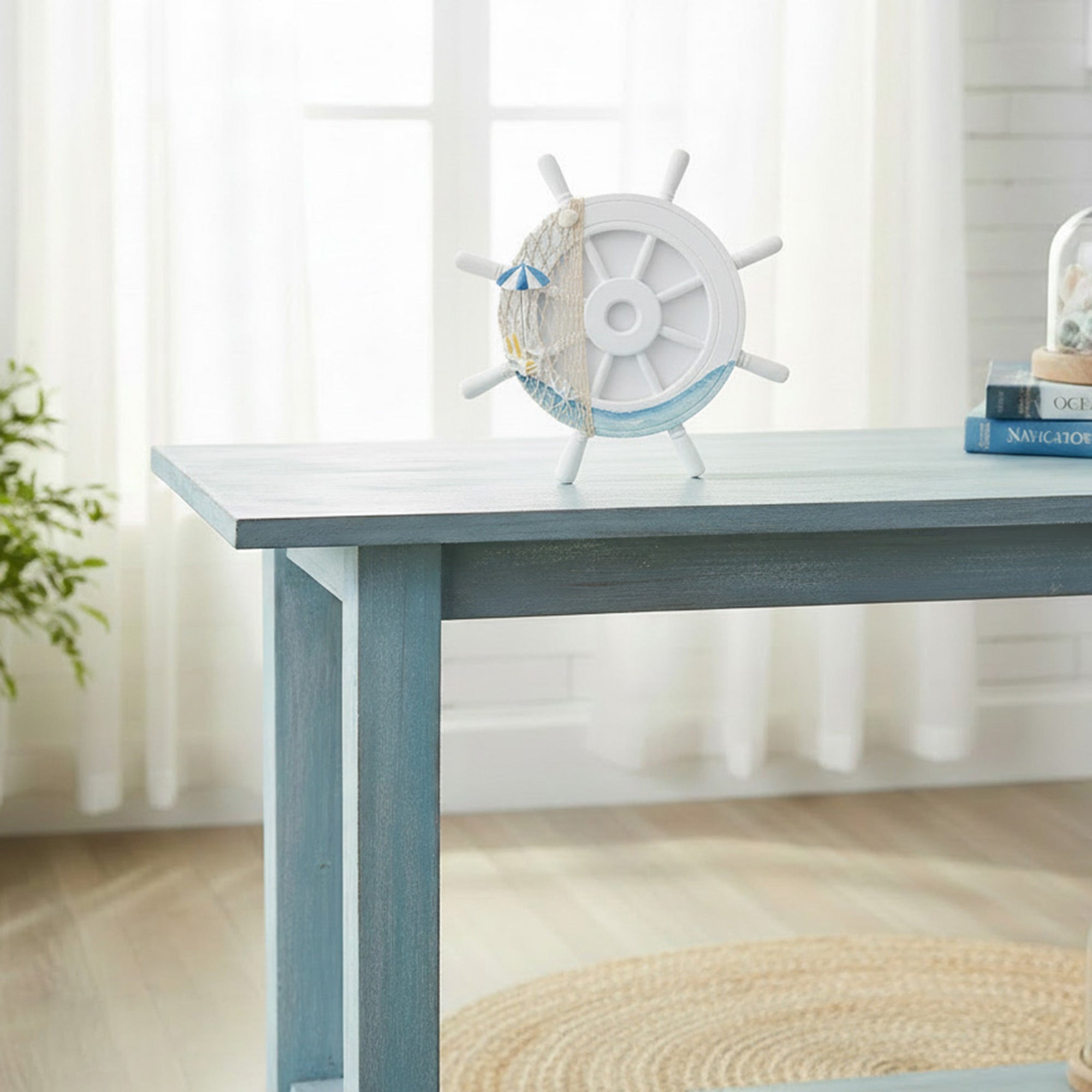 Blue Coastal Wooden Ship Wheel with Net Accent for Nautical Décor