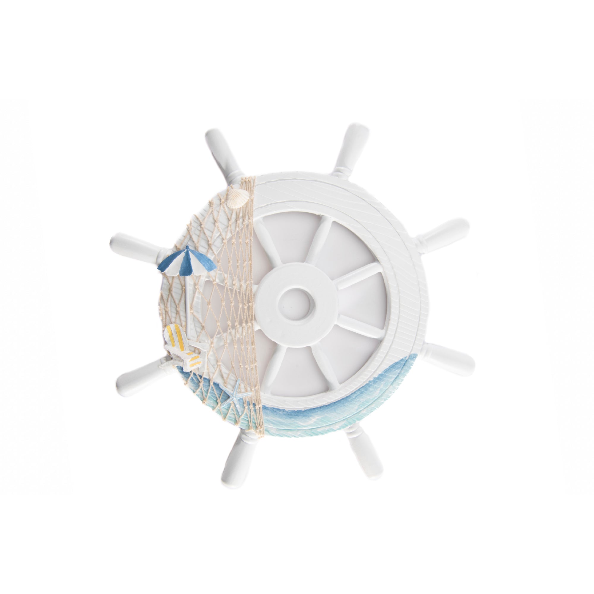 Blue Coastal Wooden Ship Wheel with Net Accent for Nautical Décor
