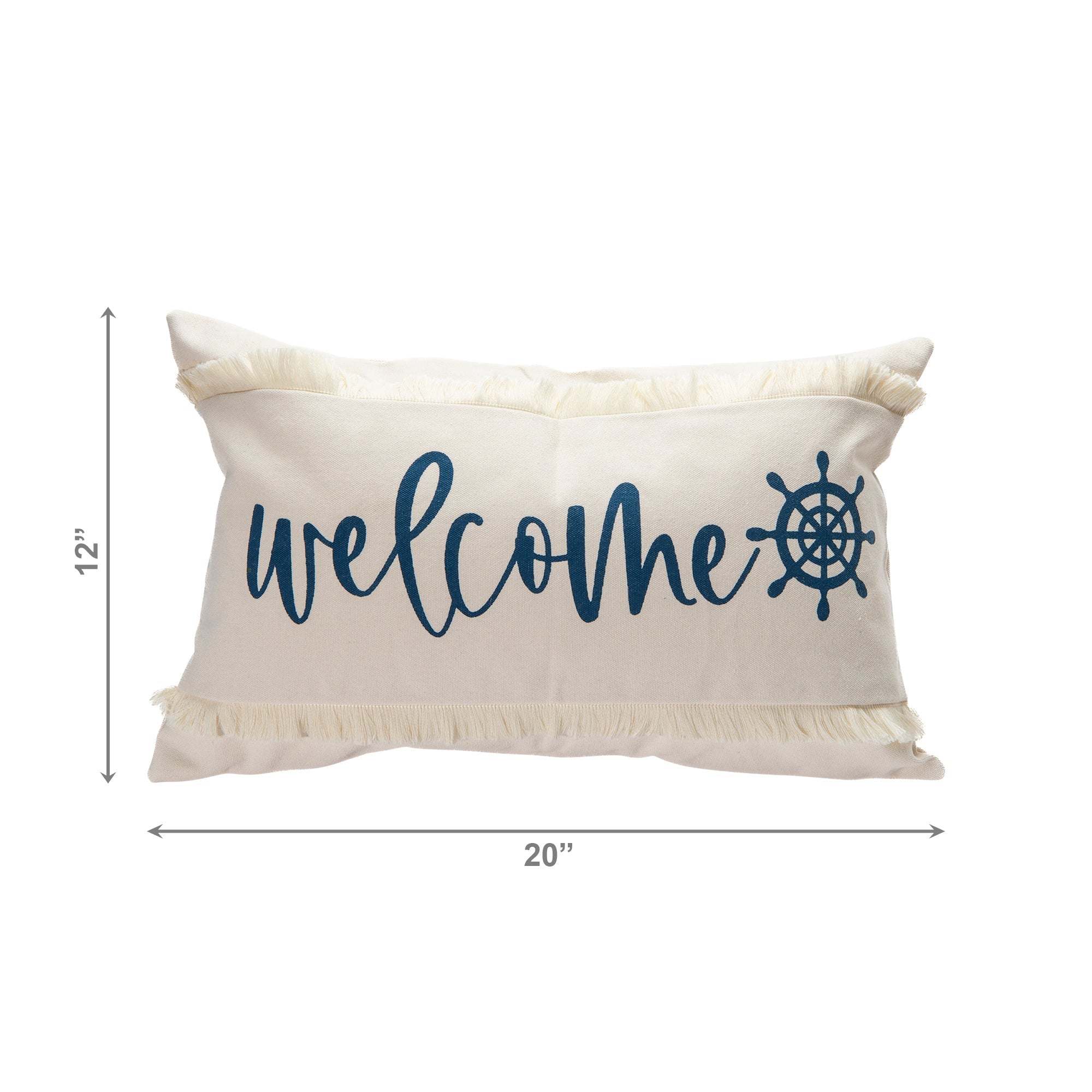 Decorative Cushion with Fringe and “Welcome” Ship Wheel Design, 20"x12" - Set of 2