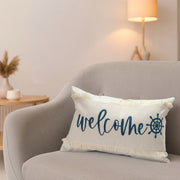 Decorative Cushion with Fringe and “Welcome” Ship Wheel Design, 20"x12" - Set of 2