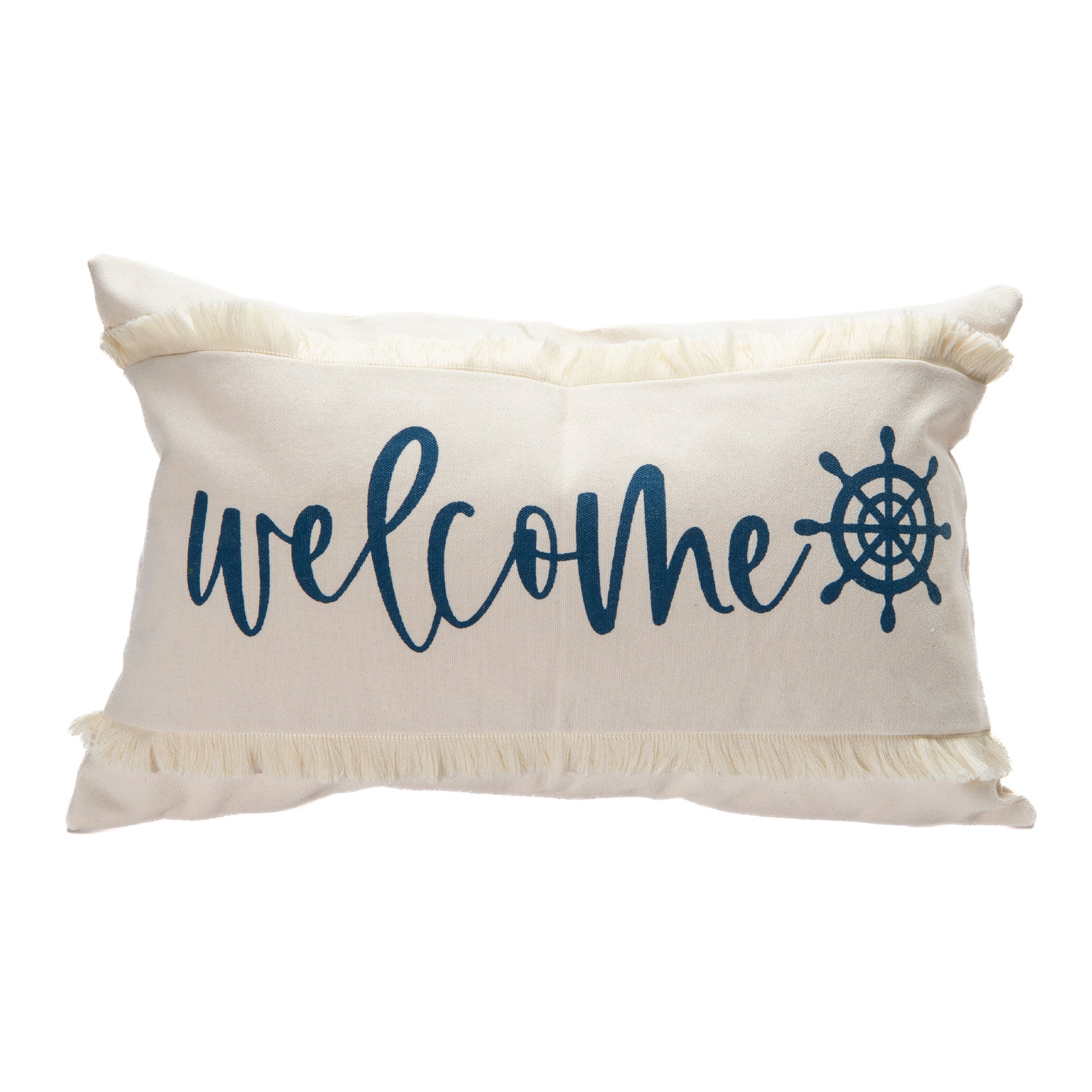 Decorative Cushion with Fringe and “Welcome” Ship Wheel Design, 20"x12" - Set of 2