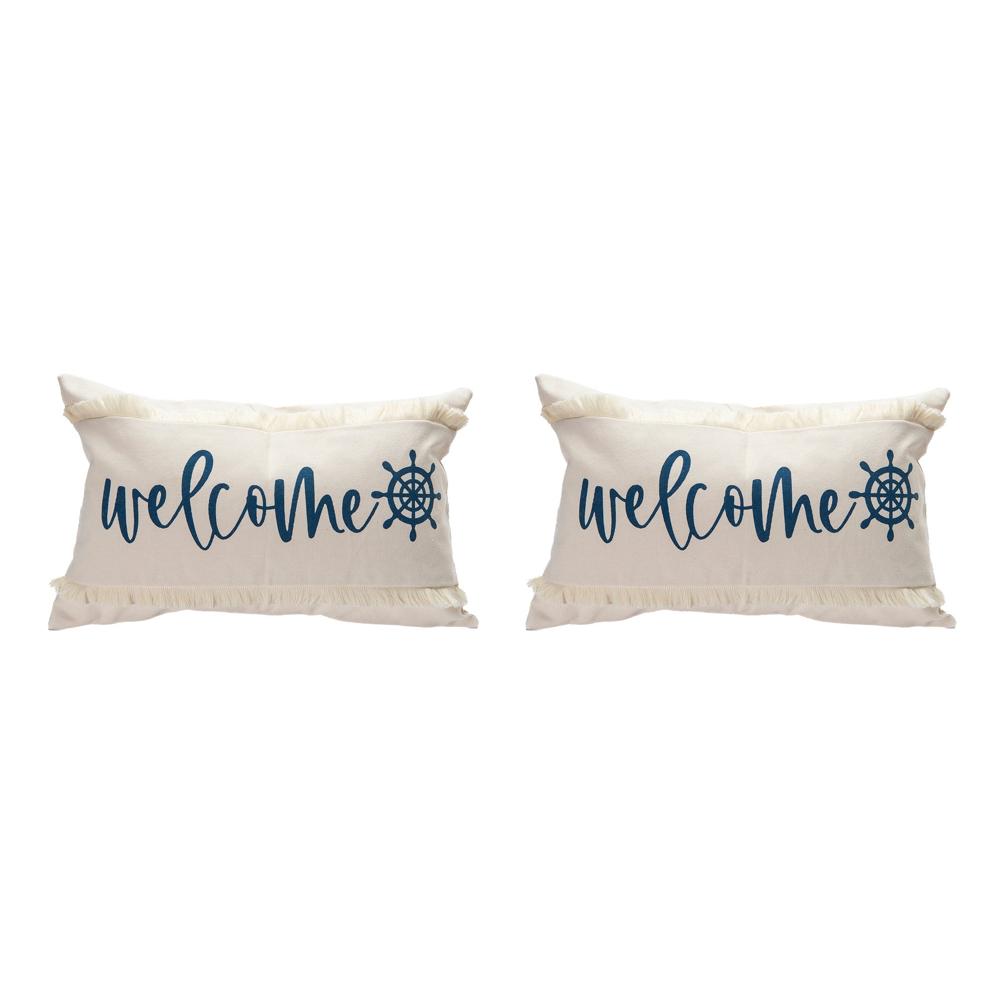 Decorative Cushion with Fringe and “Welcome” Ship Wheel Design, 20"x12" - Set of 2