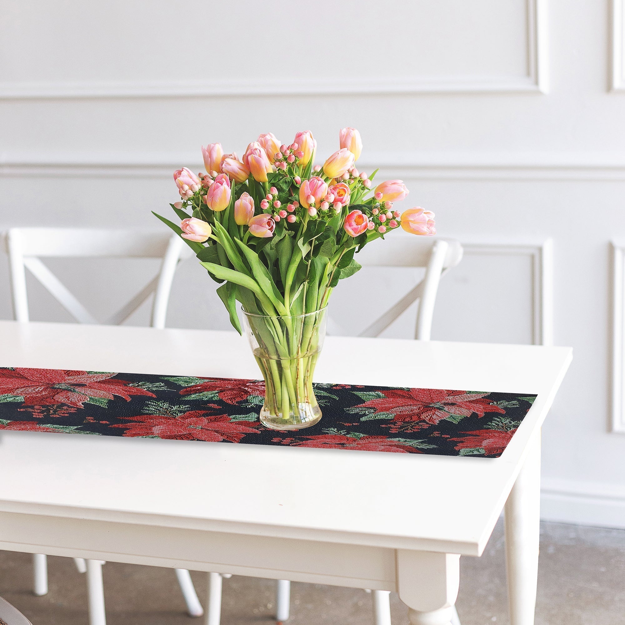 36" Multi Poinsettia Tapestry Table Runner Set of 2 – Holiday Table Decor