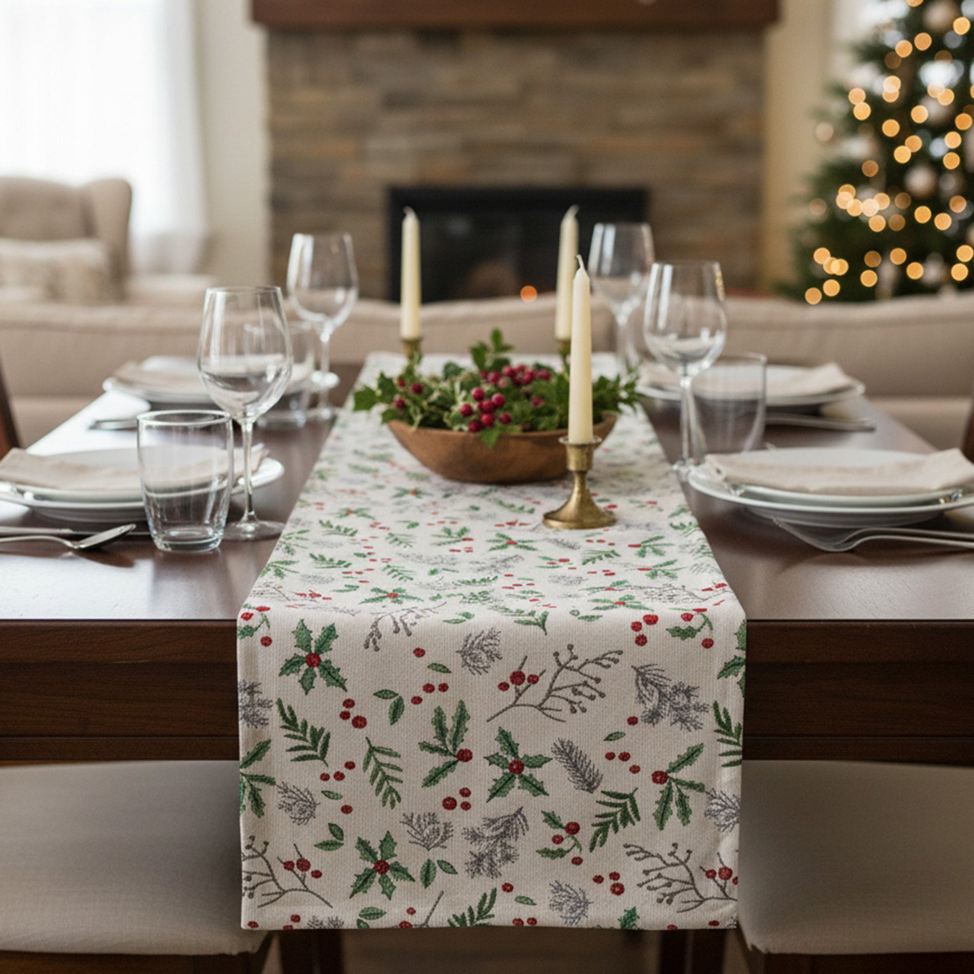 Tapestry Table Runner Holly Berries 36", Christmas, Table Runner, Holiday Decor