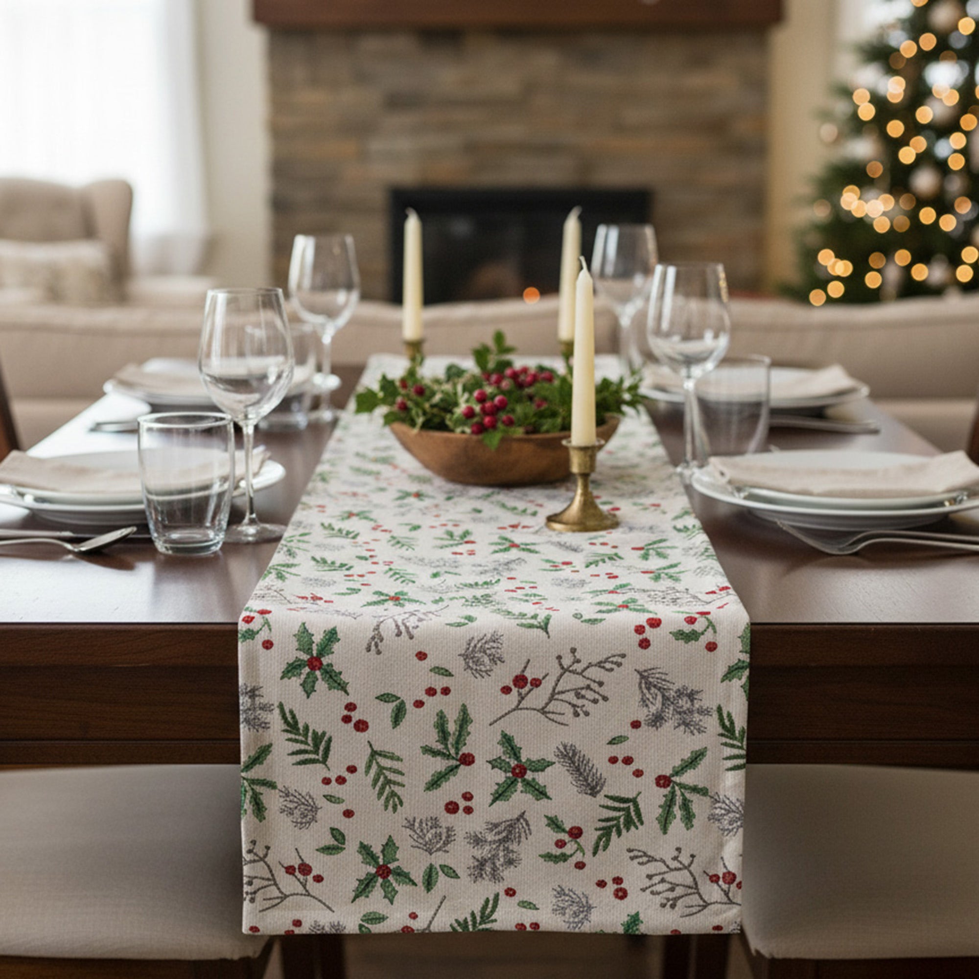 Tapestry Table Runner Holly Berries 36", Christmas, Table Runner, Holiday Decor