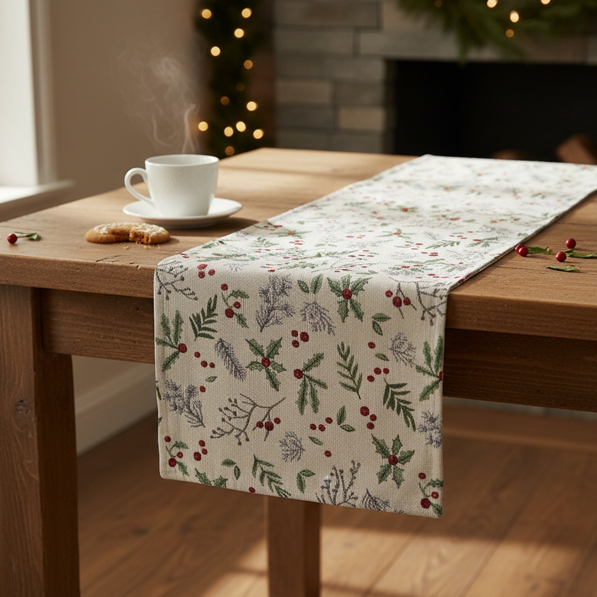 Tapestry Table Runner Holly Berries 36", Christmas, Table Runner, Holiday Decor