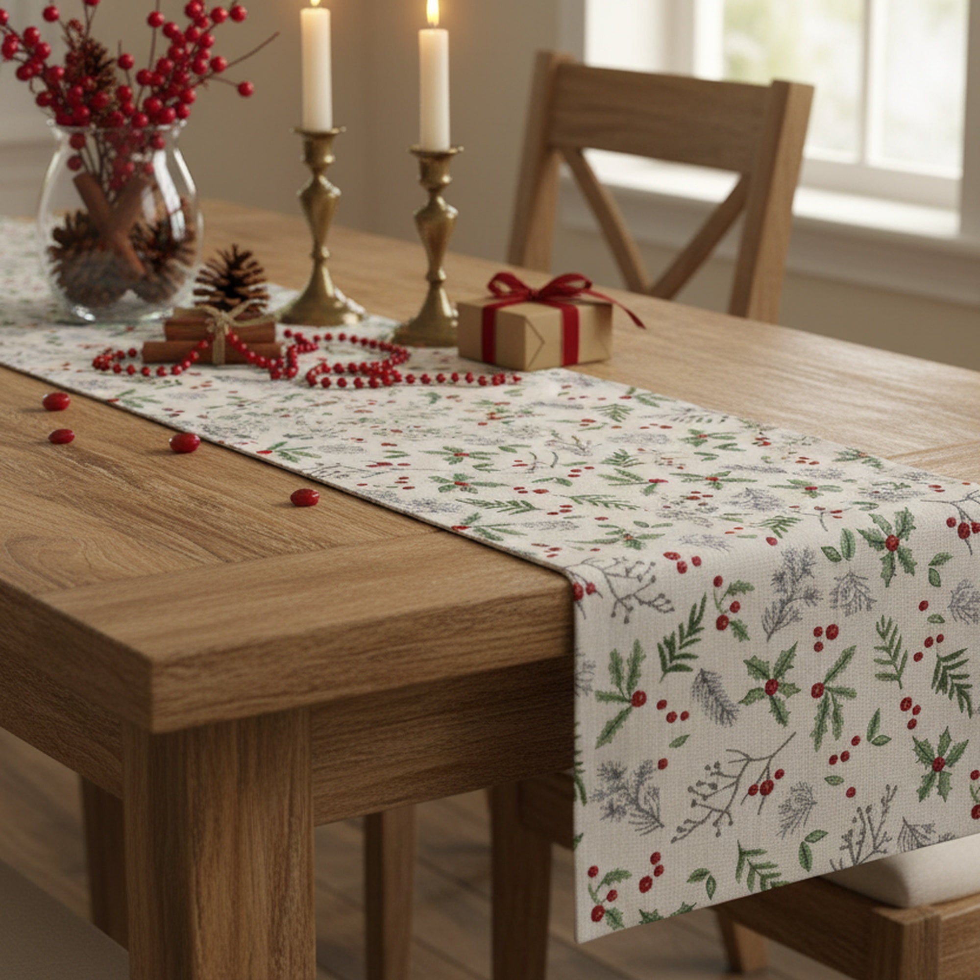 Tapestry Table Runner Holly Berries 36", Christmas, Table Runner, Holiday Decor