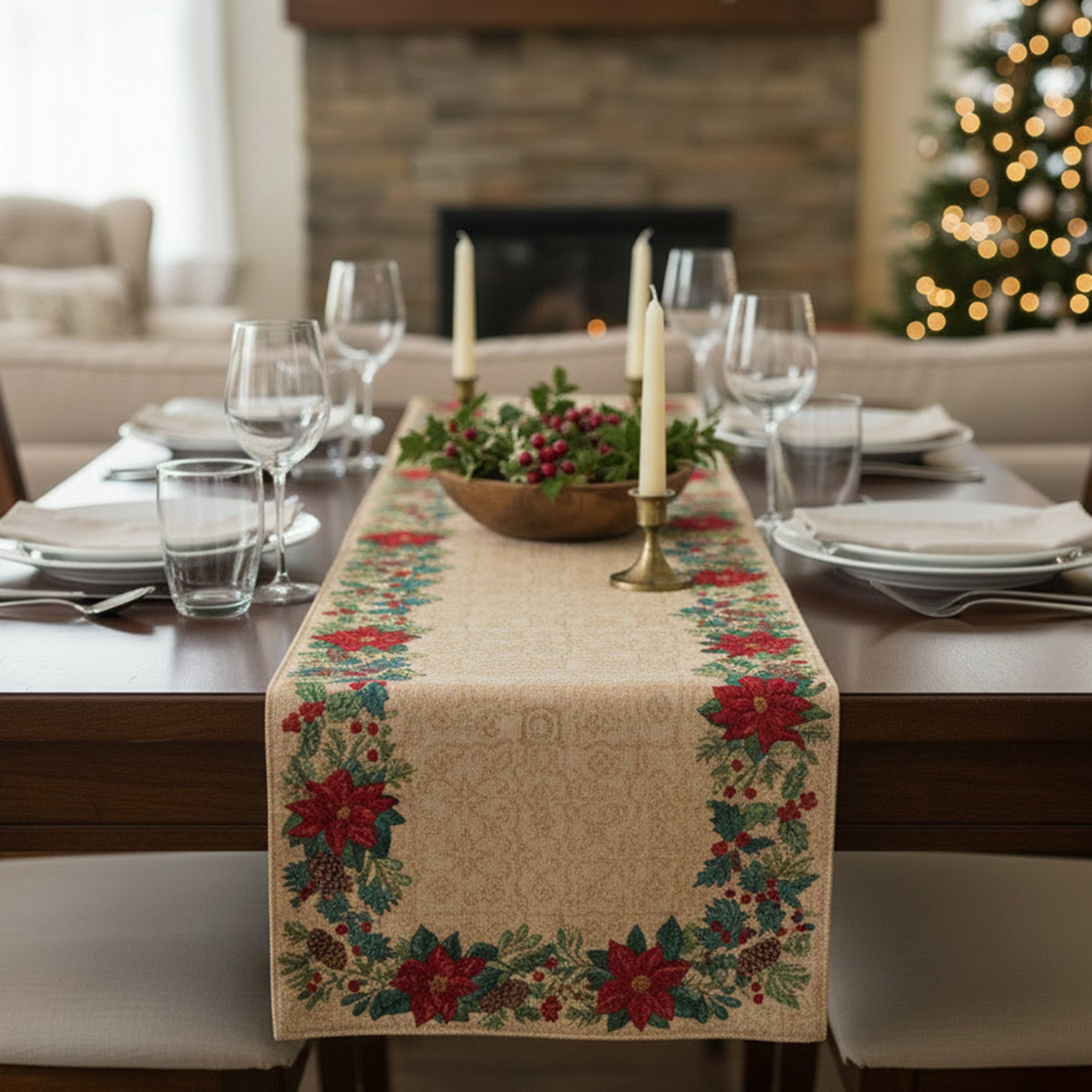 Tapestry Table Runner Poinsettia Border 36", Christmas, Table Runner, Holiday Decor