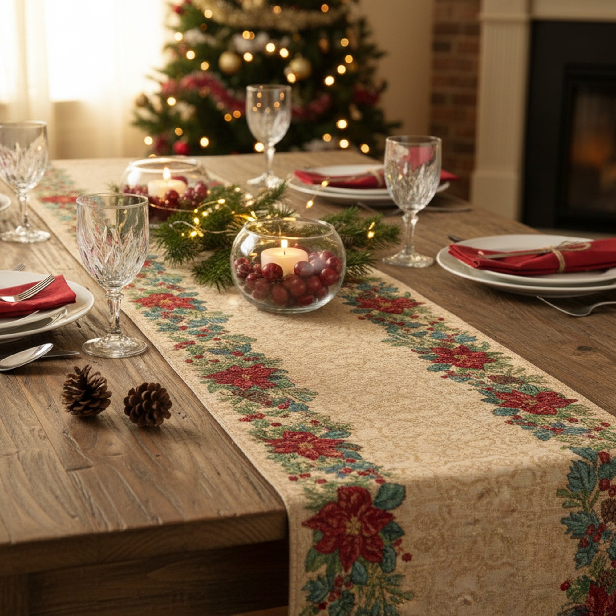 Tapestry Table Runner Poinsettia Border 36", Christmas, Table Runner, Holiday Decor
