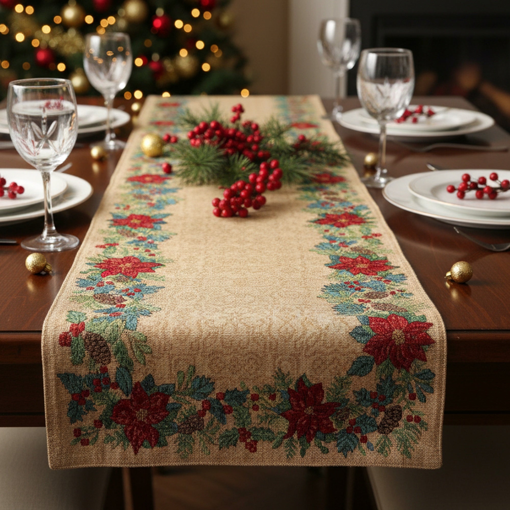 Tapestry Table Runner Poinsettia Border 36", Christmas, Table Runner, Holiday Decor
