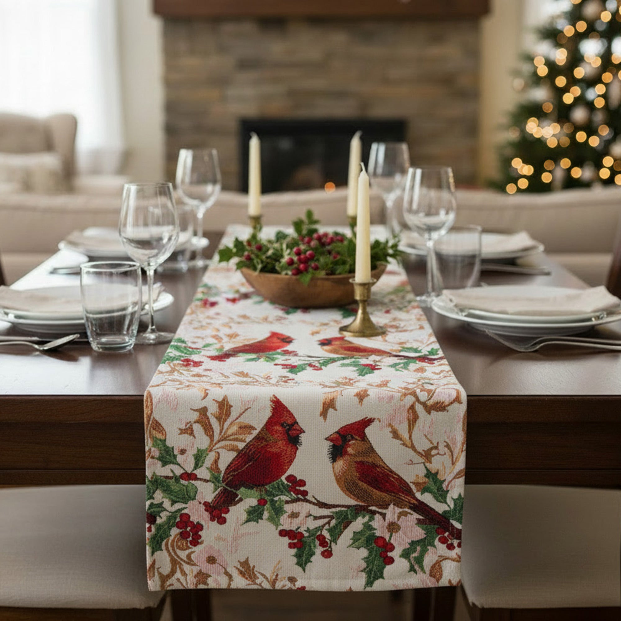 Tapestry Table Runner Cardinals on Holly 36", Christmas, Table Runner, Holiday Decor