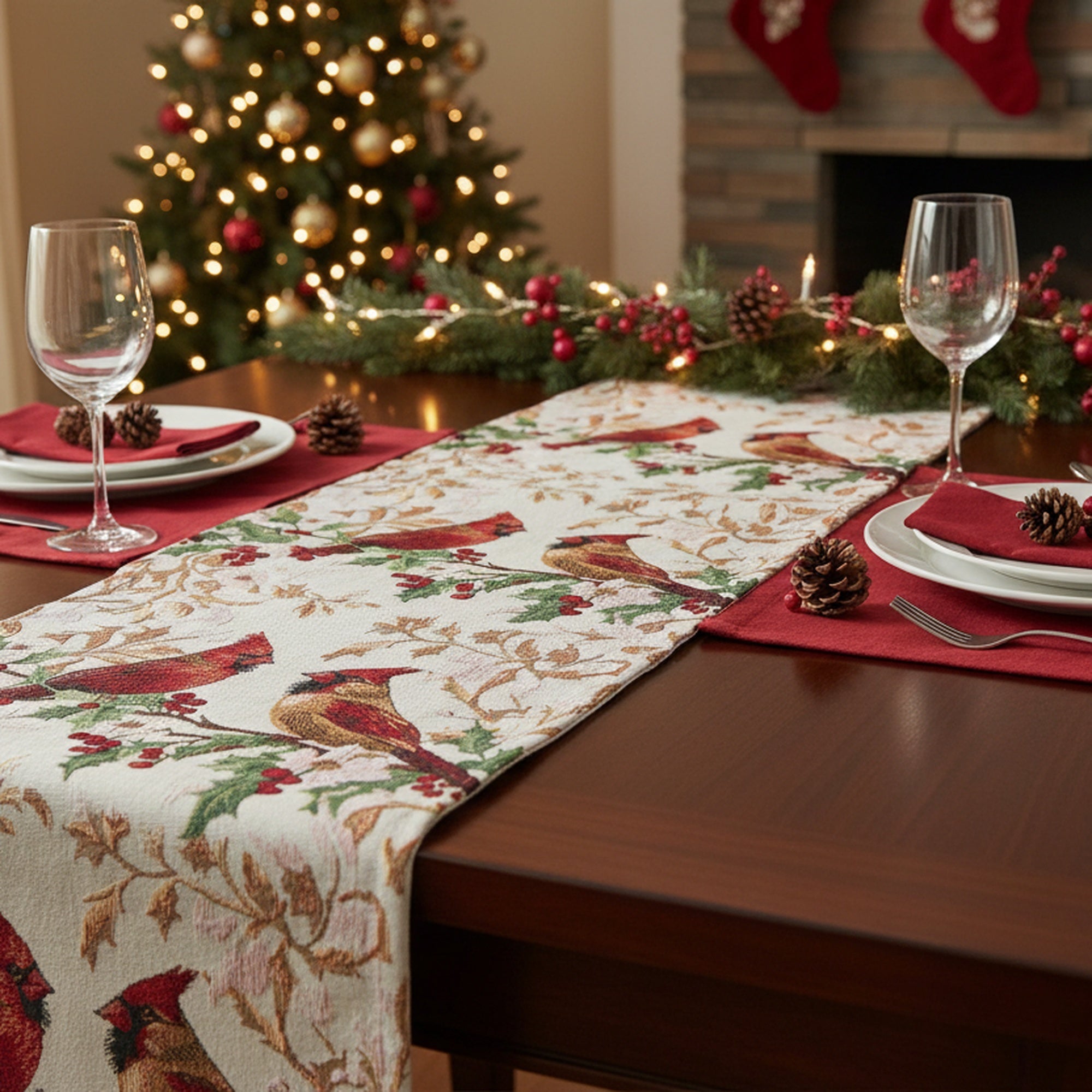 Tapestry Table Runner Cardinals on Holly 36", Christmas, Table Runner, Holiday Decor