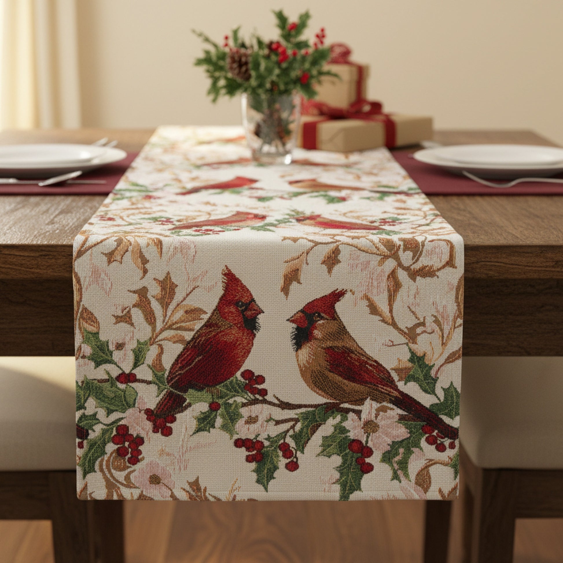 Tapestry Table Runner Cardinals on Holly 36", Christmas, Table Runner, Holiday Decor