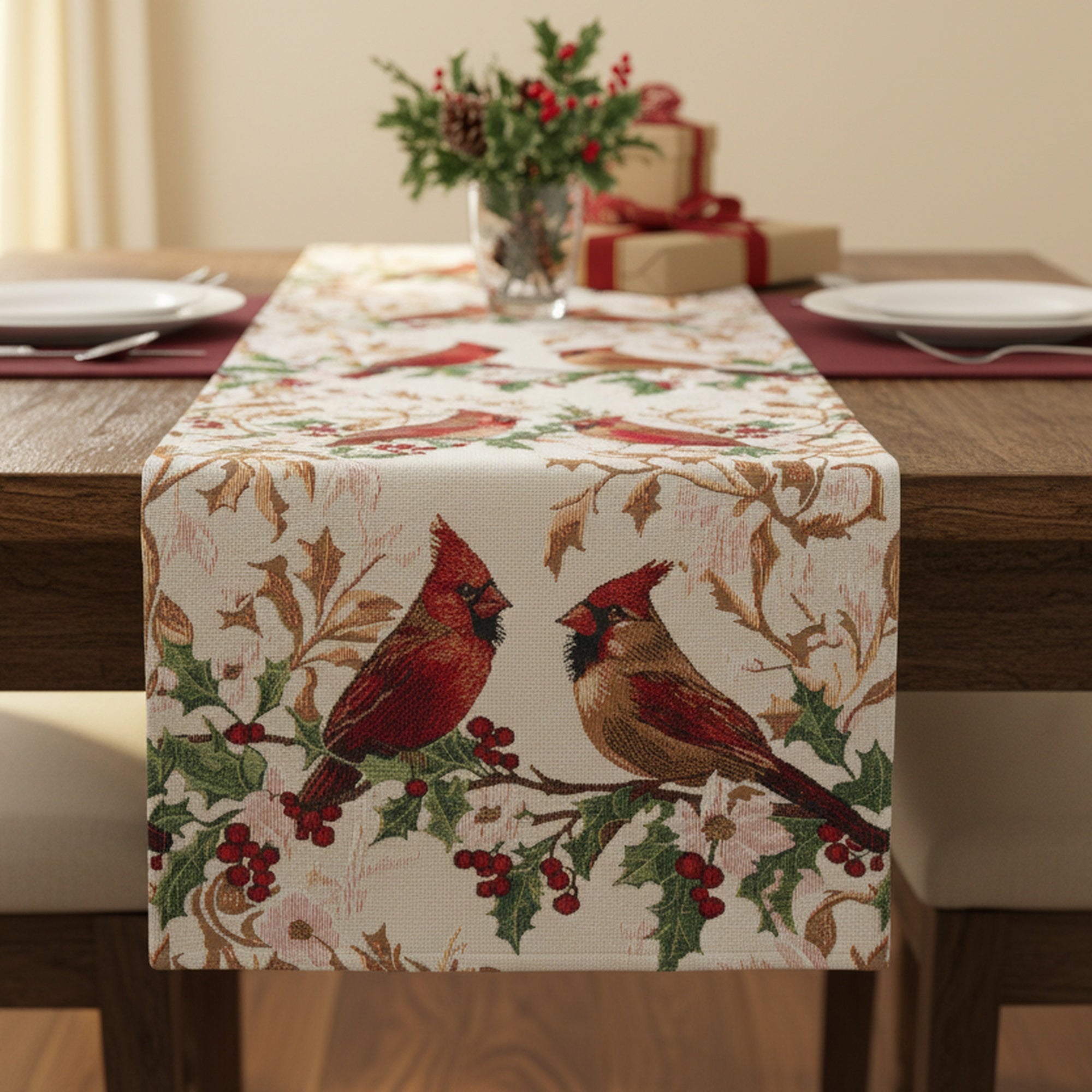 Tapestry Table Runner Cardinals on Holly 36", Christmas, Table Runner, Holiday Decor