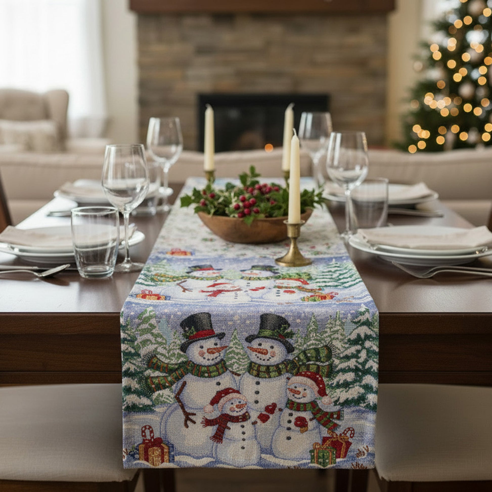 Tapestry Table Runner Snowman Family 36", Christmas, Table Runner, Holiday Decor
