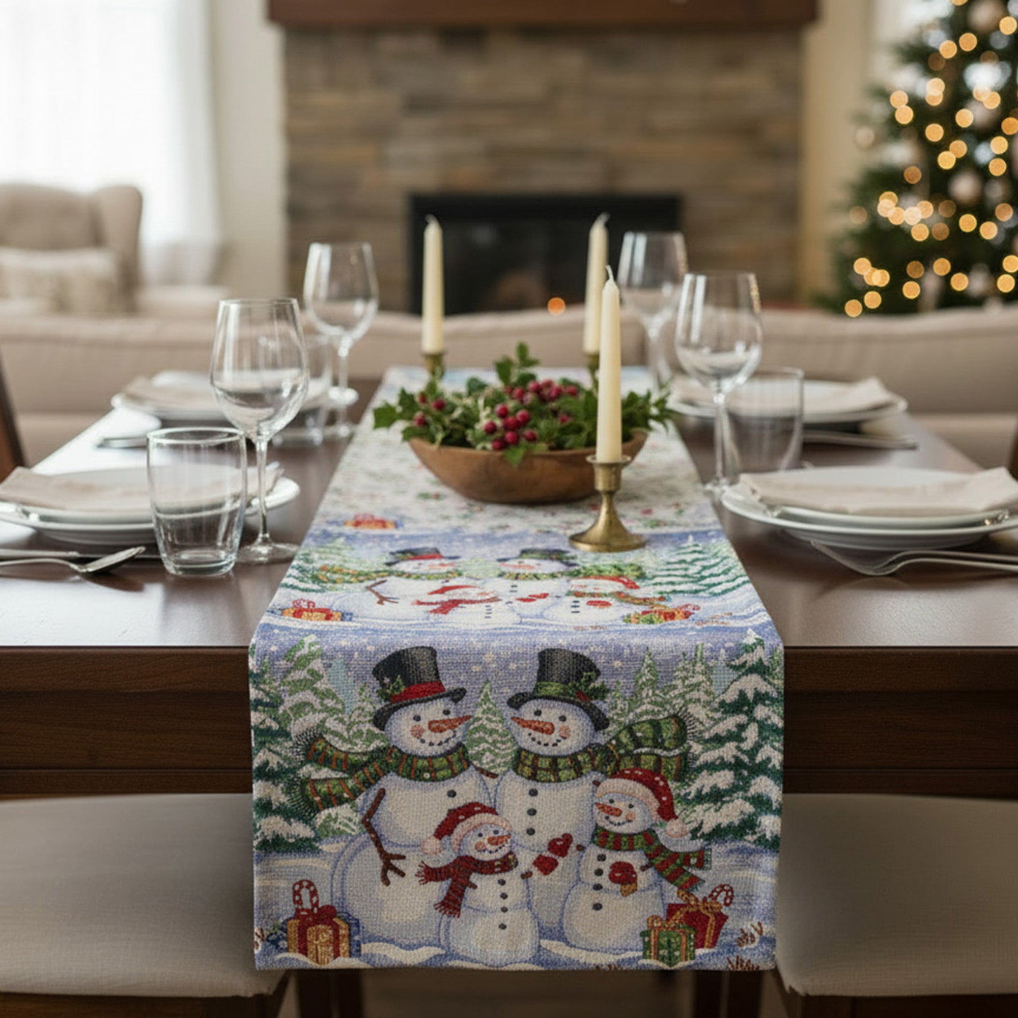 Tapestry Table Runner Snowman Family 36", Christmas, Table Runner, Holiday Decor