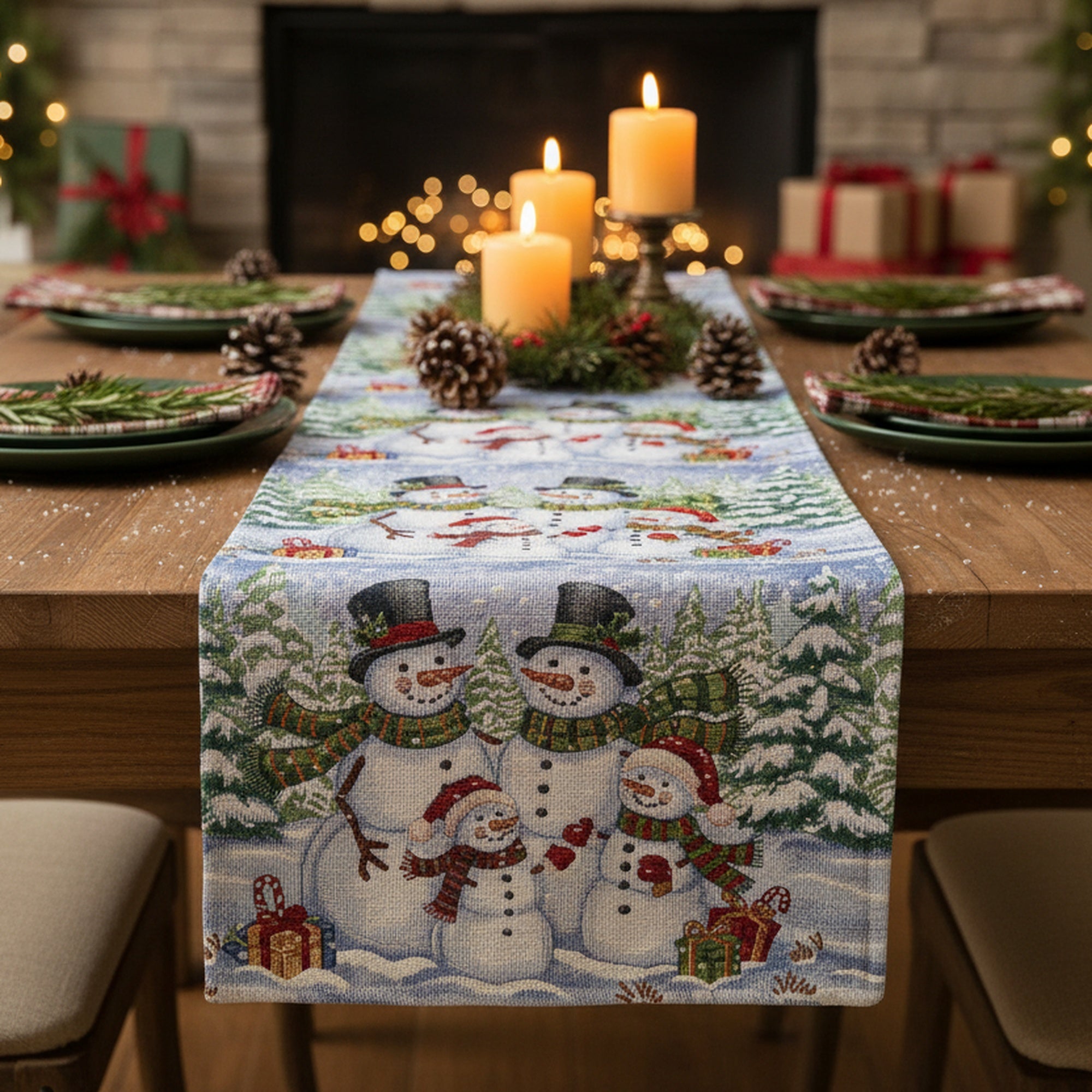 Tapestry Table Runner Snowman Family 36", Christmas, Table Runner, Holiday Decor
