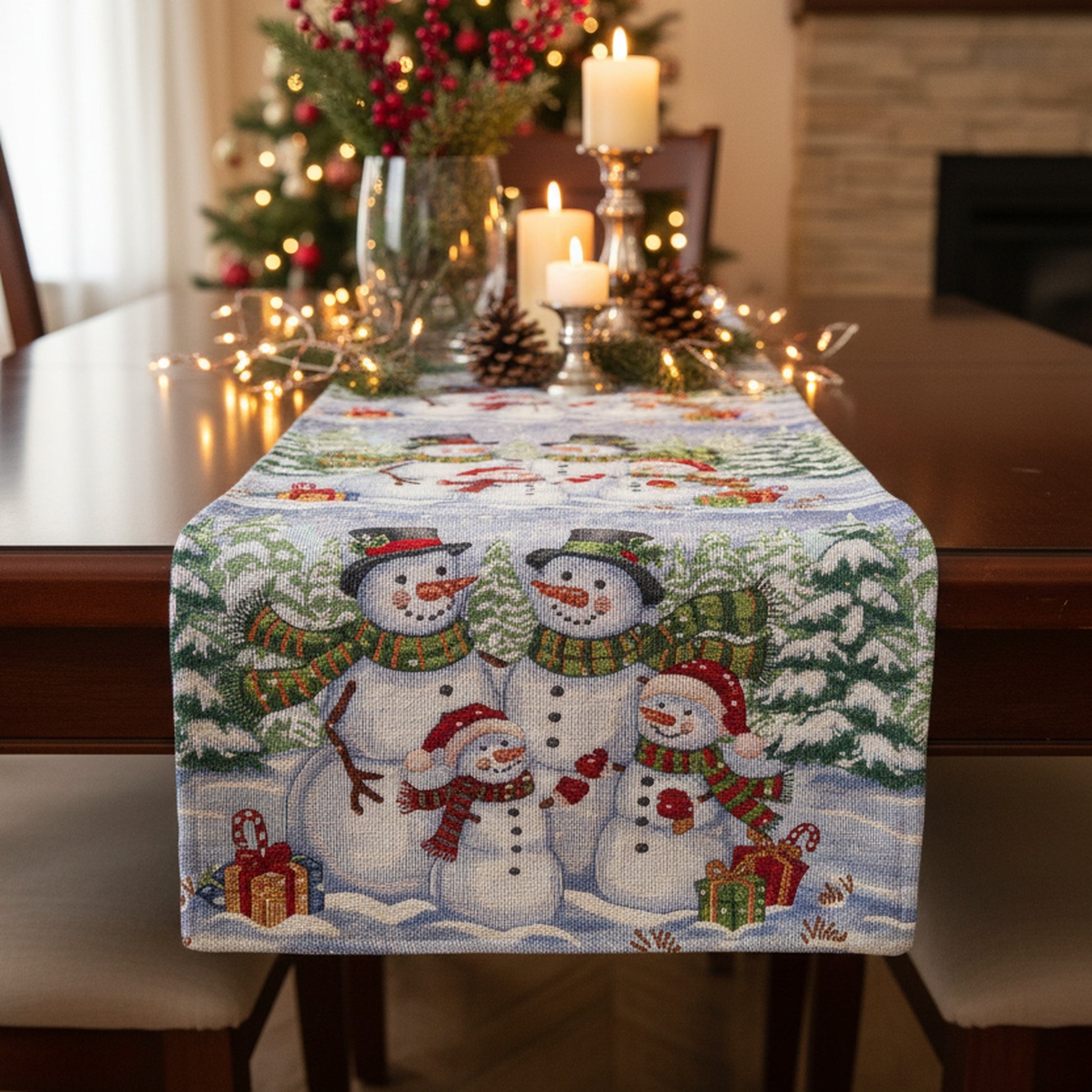 Tapestry Table Runner Snowman Family 36", Christmas, Table Runner, Holiday Decor