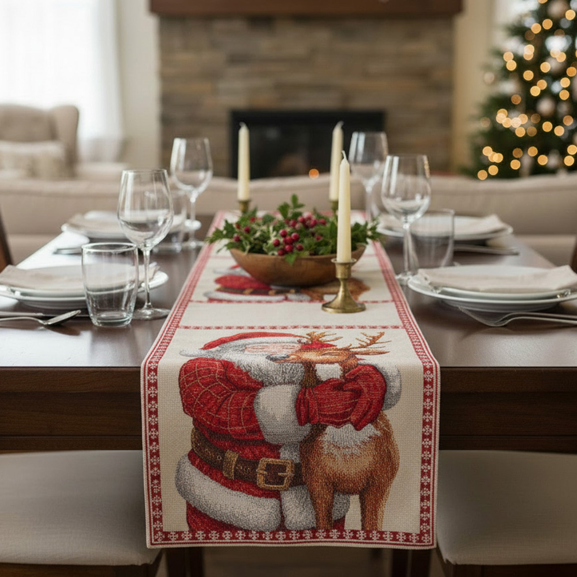 Tapestry Table Runner Santa and Reindeer 36", Christmas, Table Runner, Holiday Decor