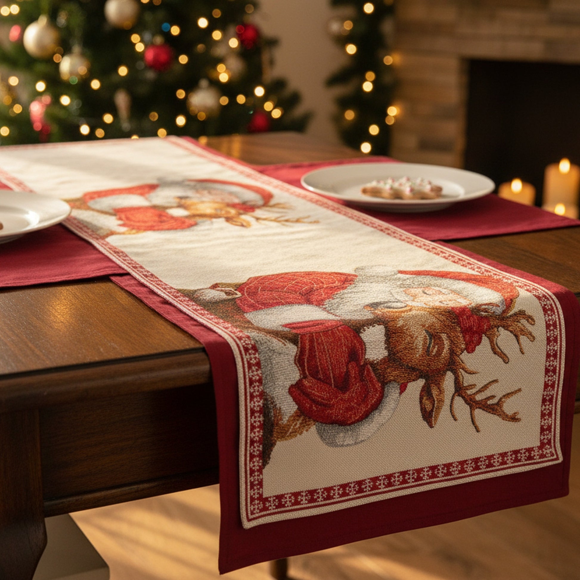 Tapestry Table Runner Santa and Reindeer 36", Christmas, Table Runner, Holiday Decor