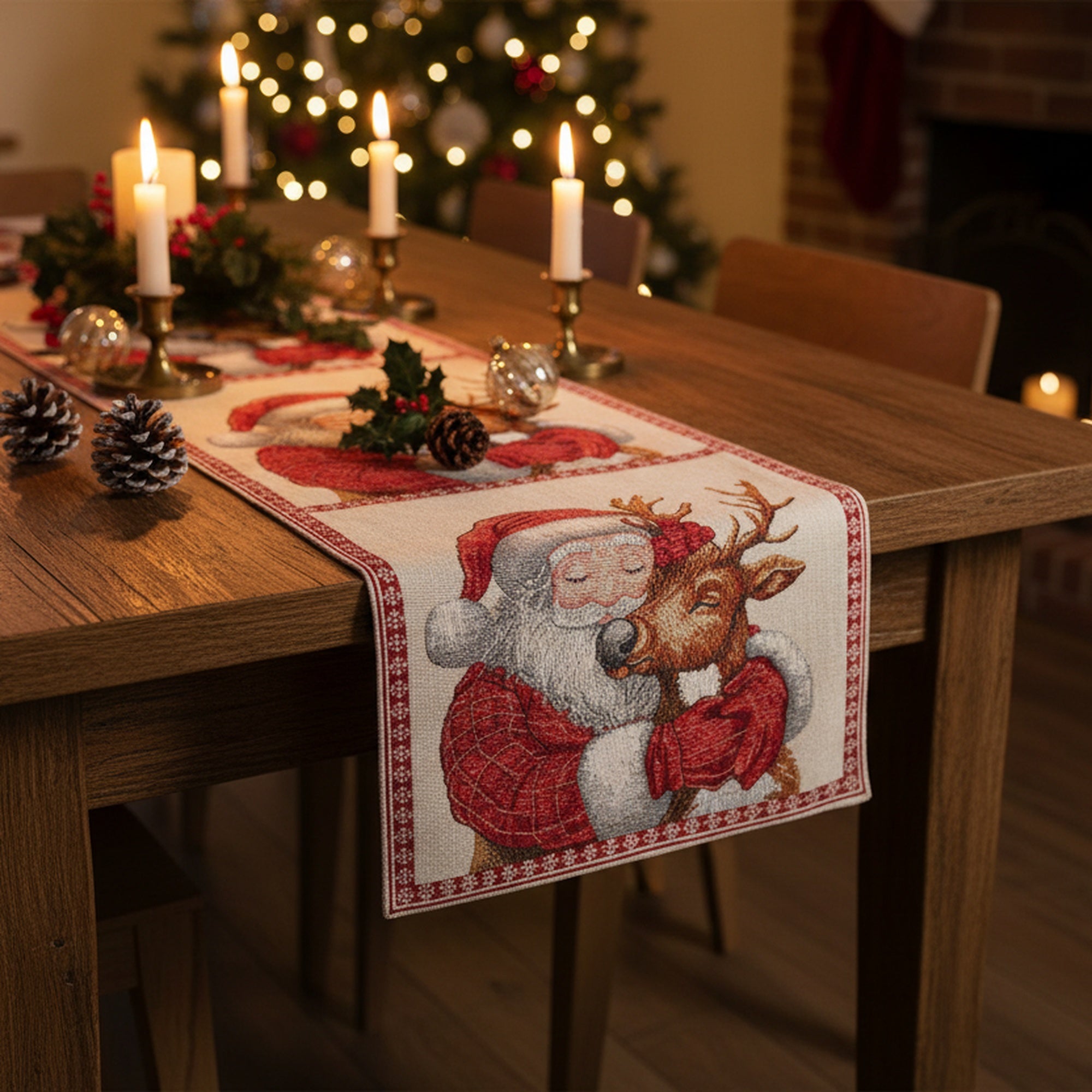 Tapestry Table Runner Santa and Reindeer 36", Christmas, Table Runner, Holiday Decor