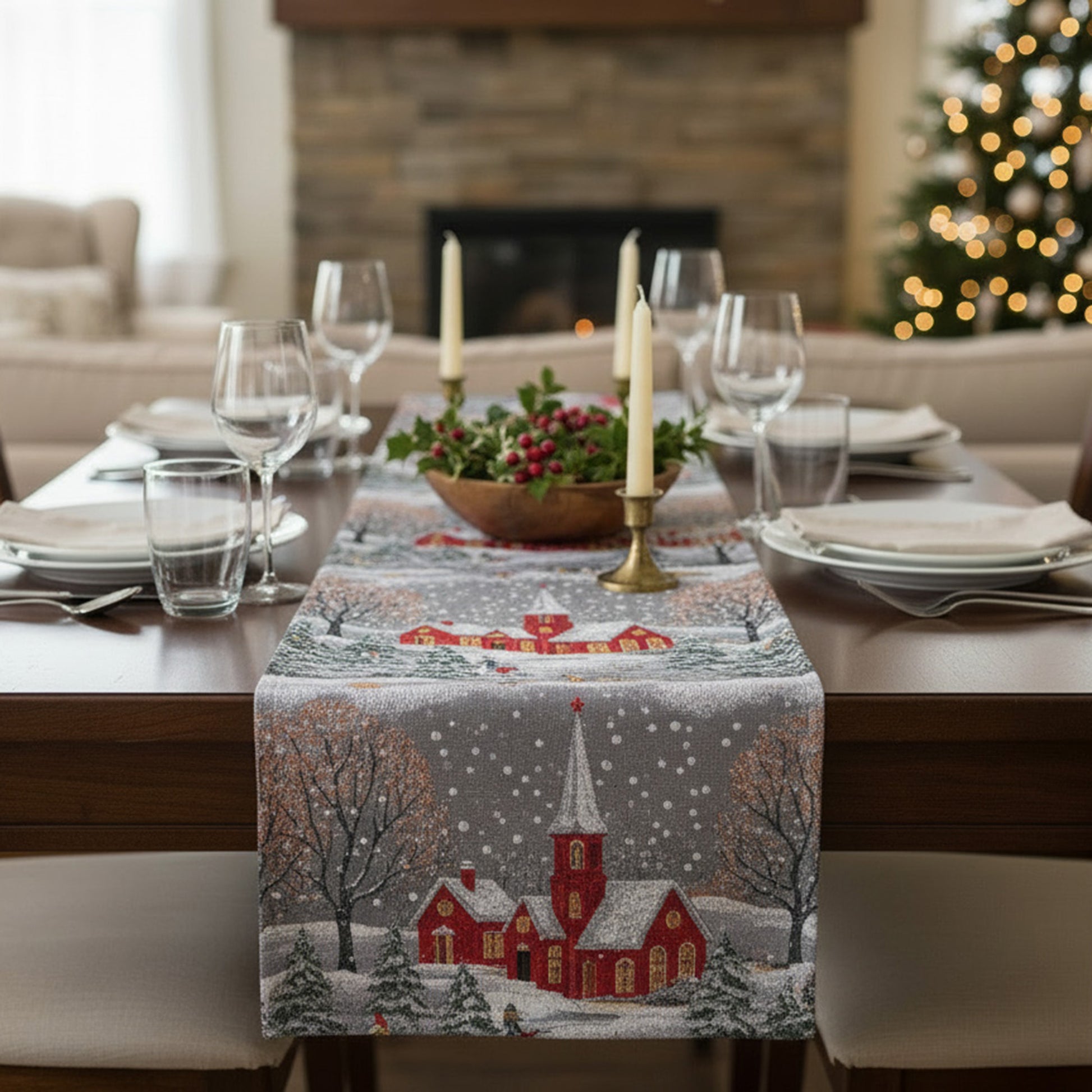 Tapestry Table Runner Winter Church 36", Winter, Table Runner, Holiday Decor