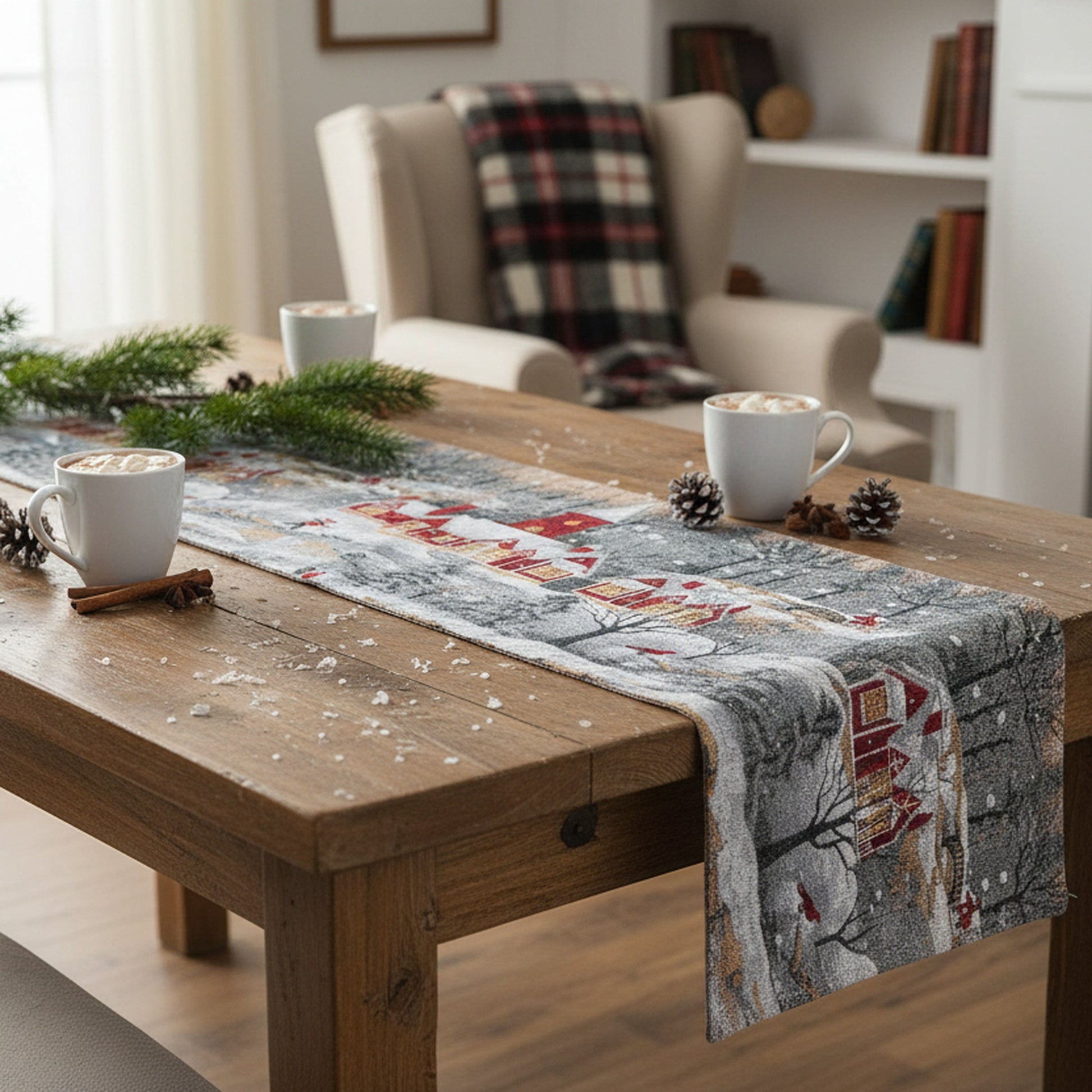 Tapestry Table Runner Winter Church 36", Winter, Table Runner, Holiday Decor